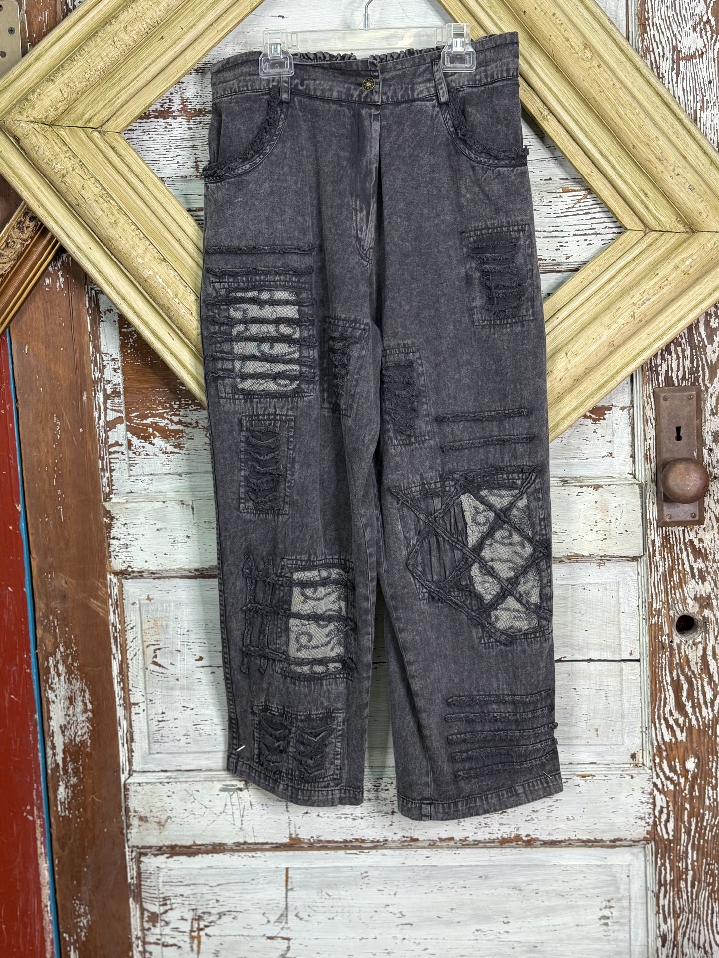 Paperlace denim black lace patchwork pant