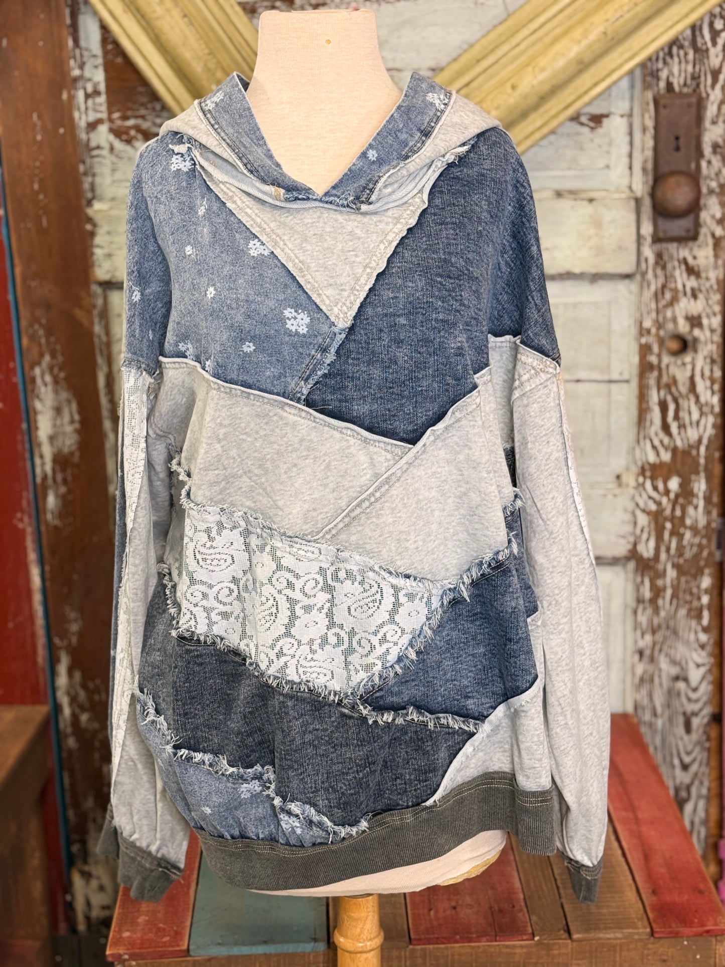 OLI AND HALI WASHED DENIM PATCH FABRIC MIX HOODIE TOP