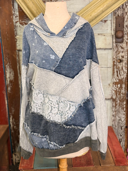 OLI AND HALI WASHED DENIM PATCH FABRIC MIX HOODIE TOP