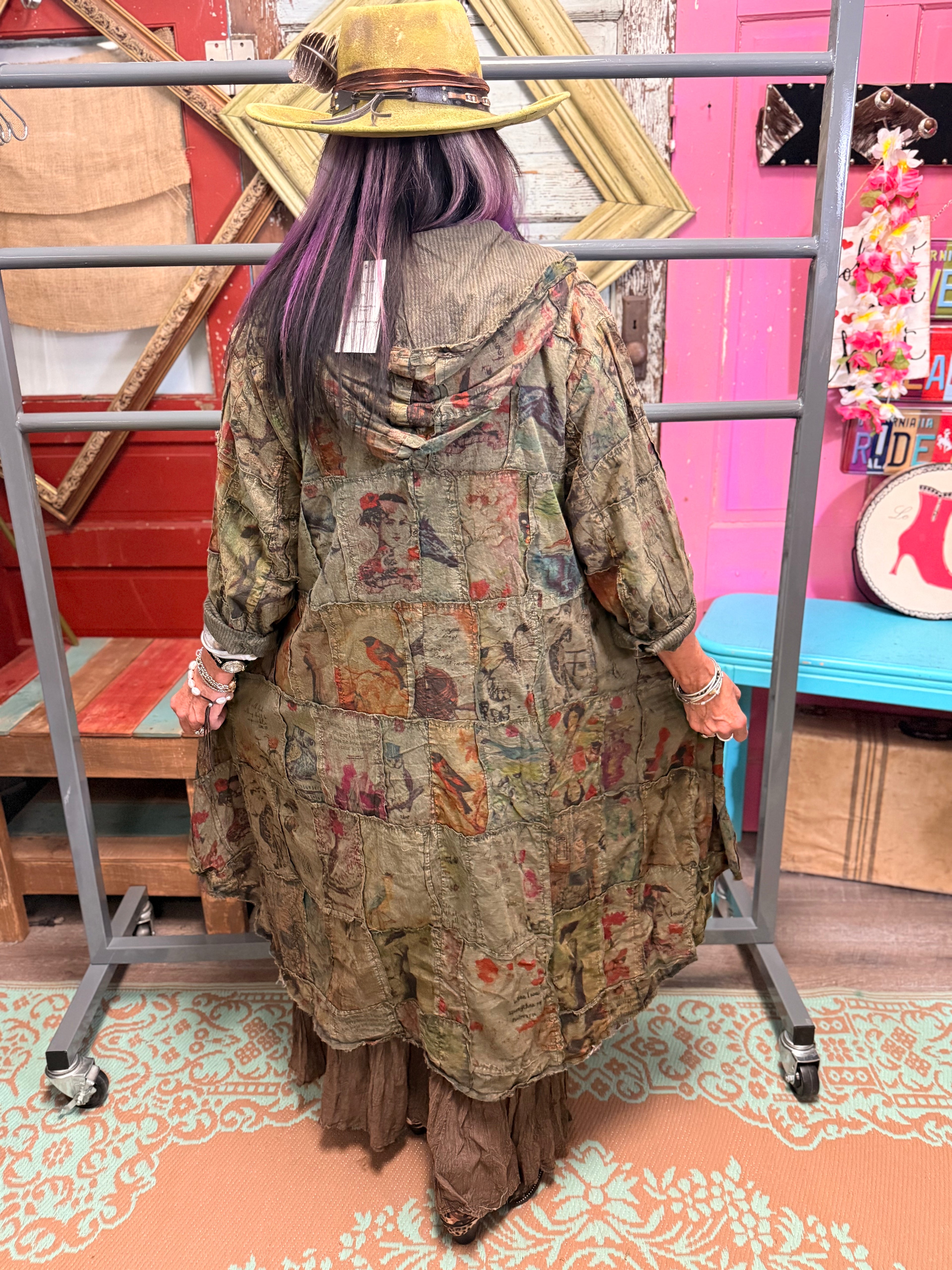 Paper Lace High Low Printed Patchwork Hooded Jacket