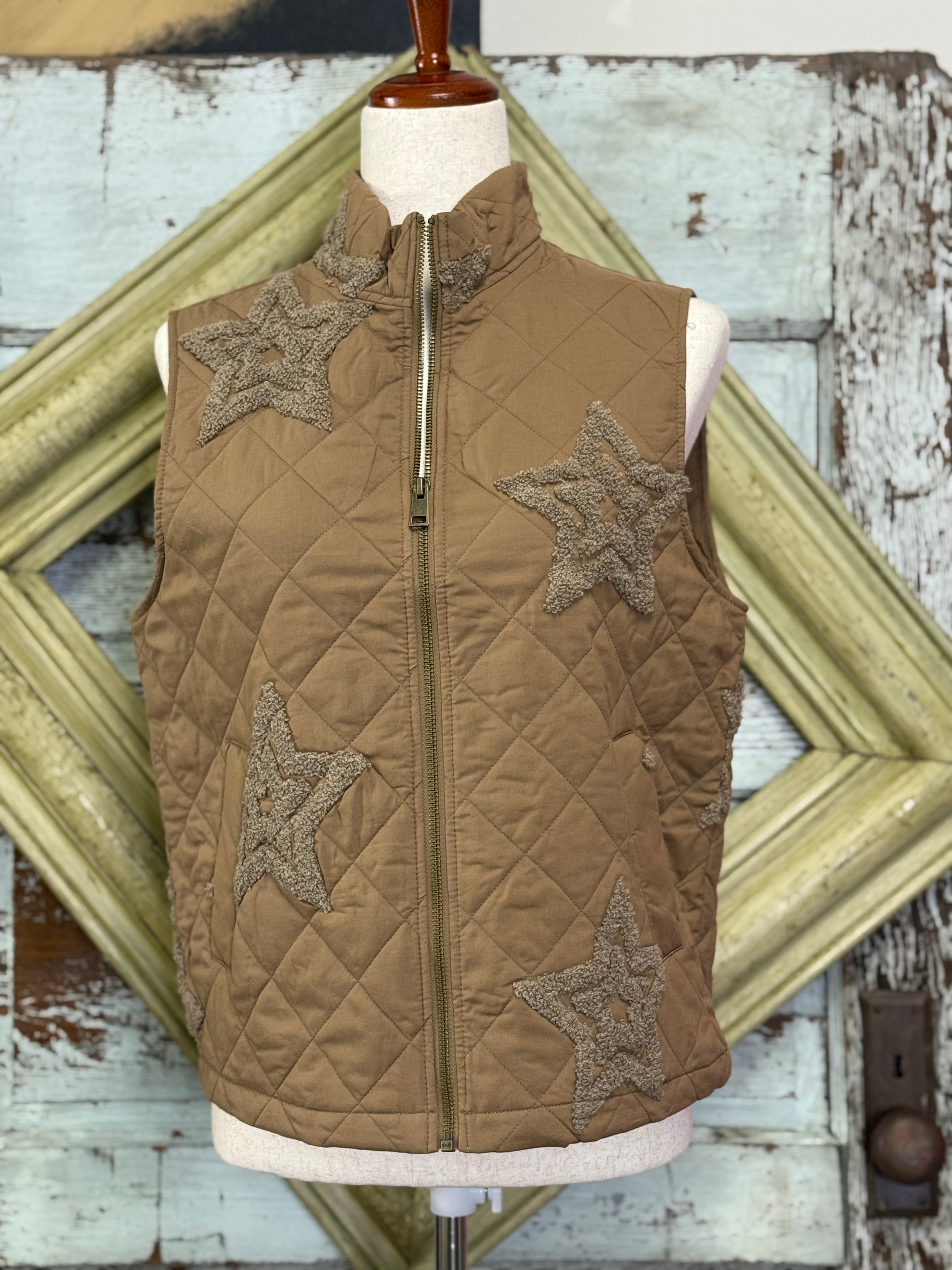 Charlie B Short Quilted Vest with Boucle