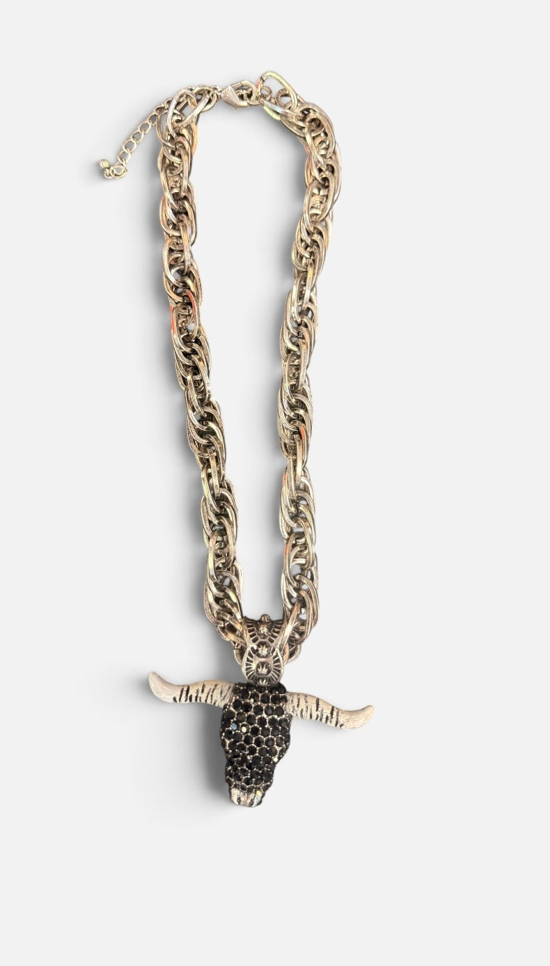 Alice Rhinestone Longhorn Skull Necklace