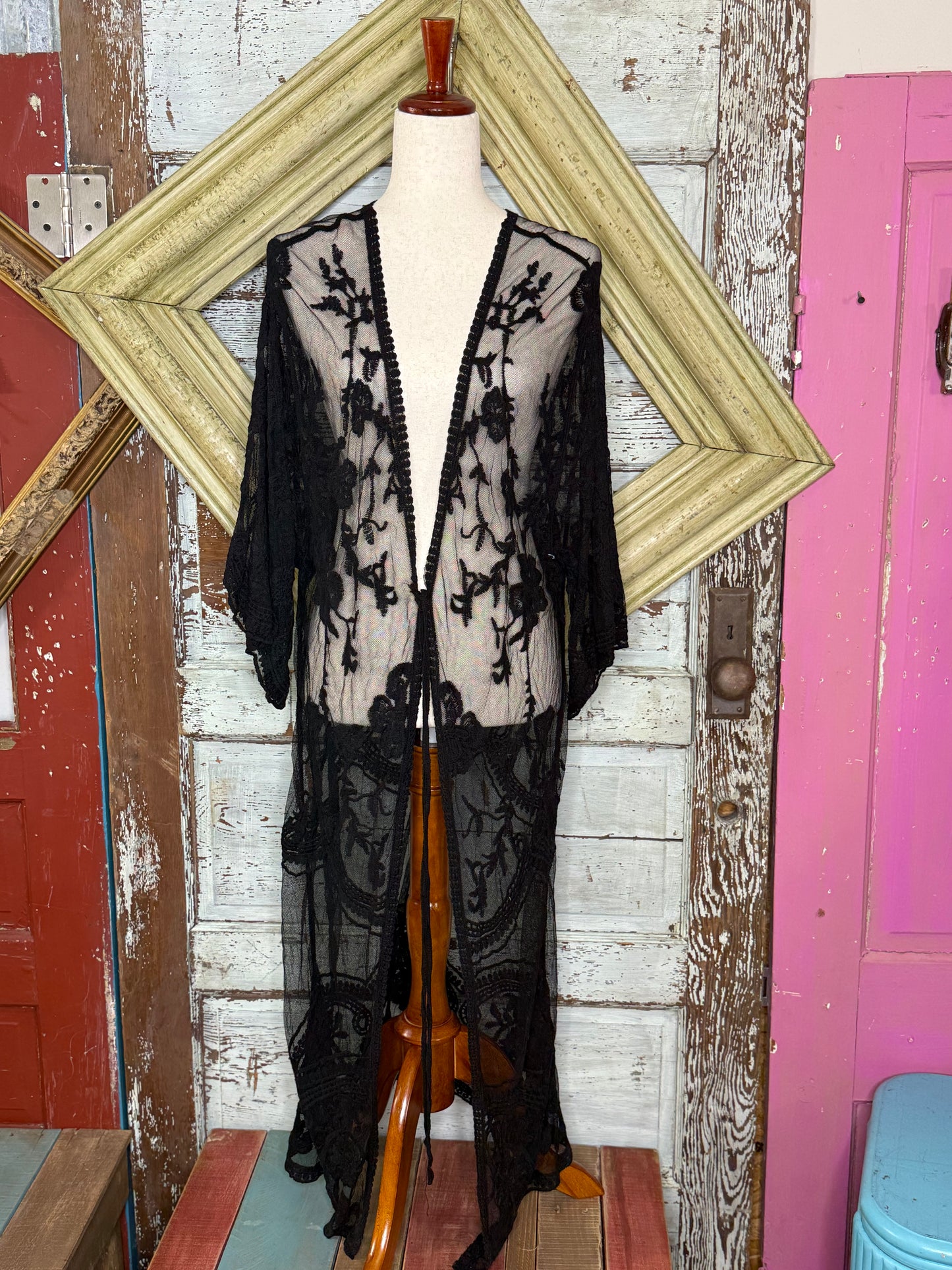 Boho sheer lace kimono maxi cardigan