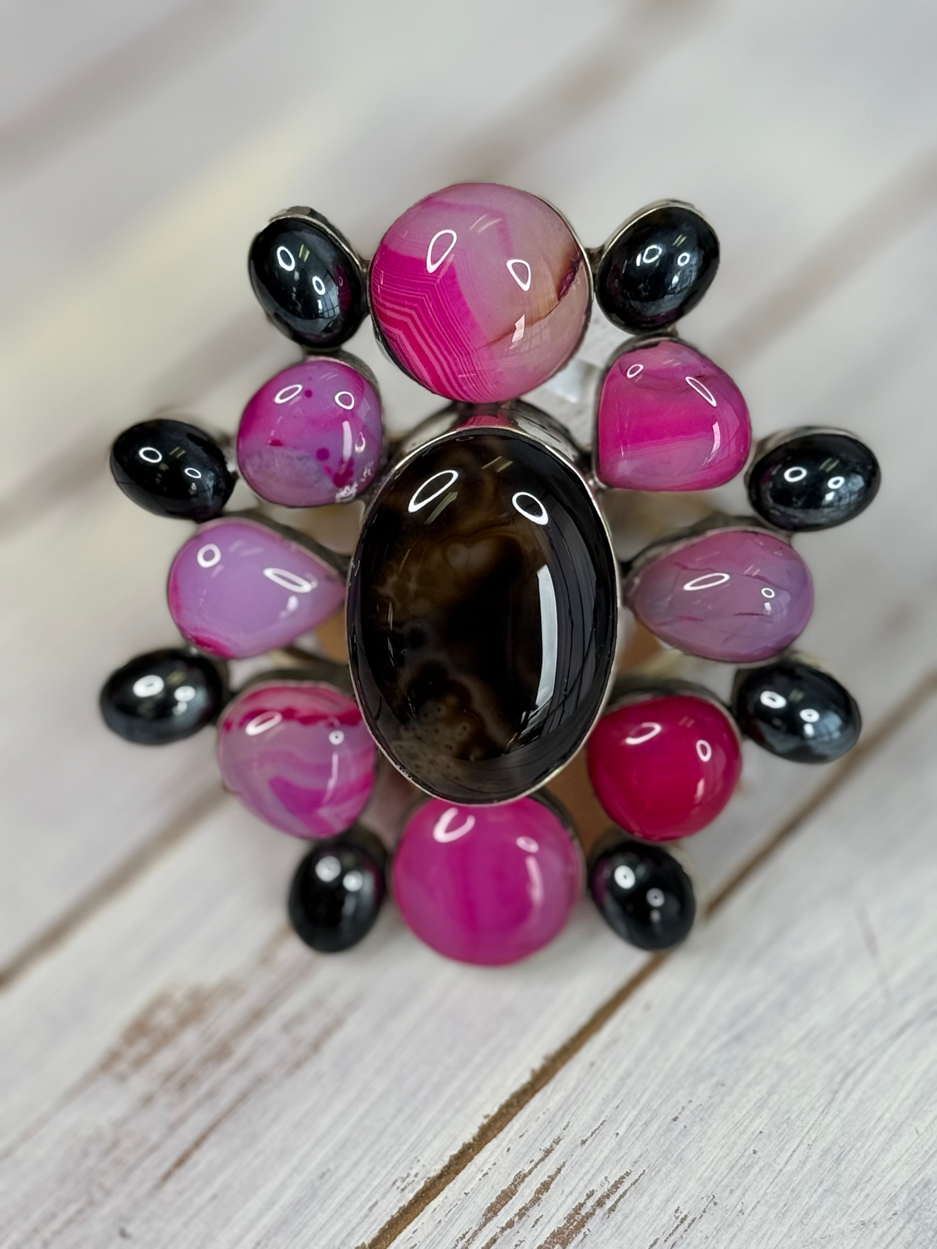 Pink agate And black onyx cuff bracelet