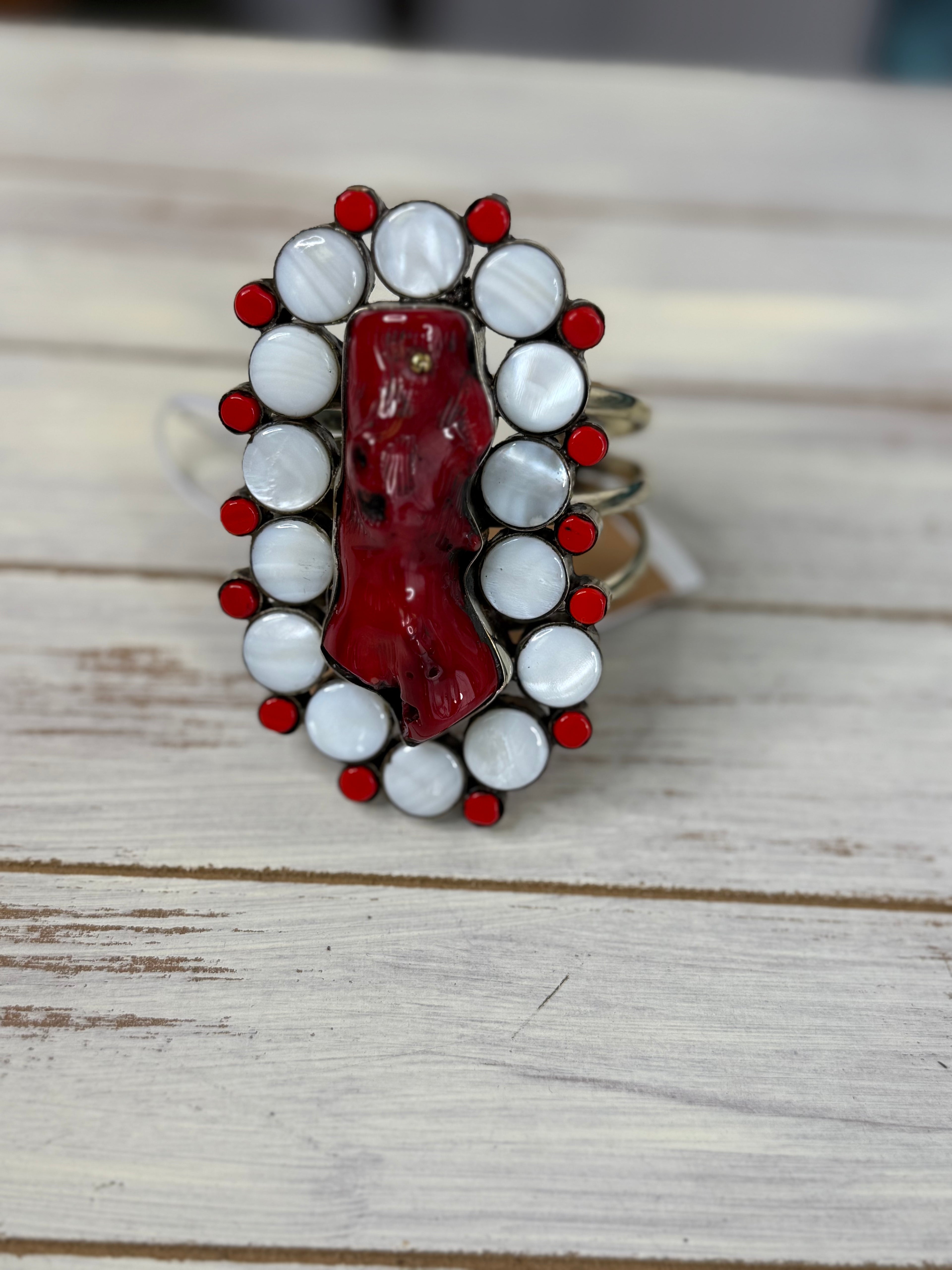 mother of pearl and coral Cuff Bracelet