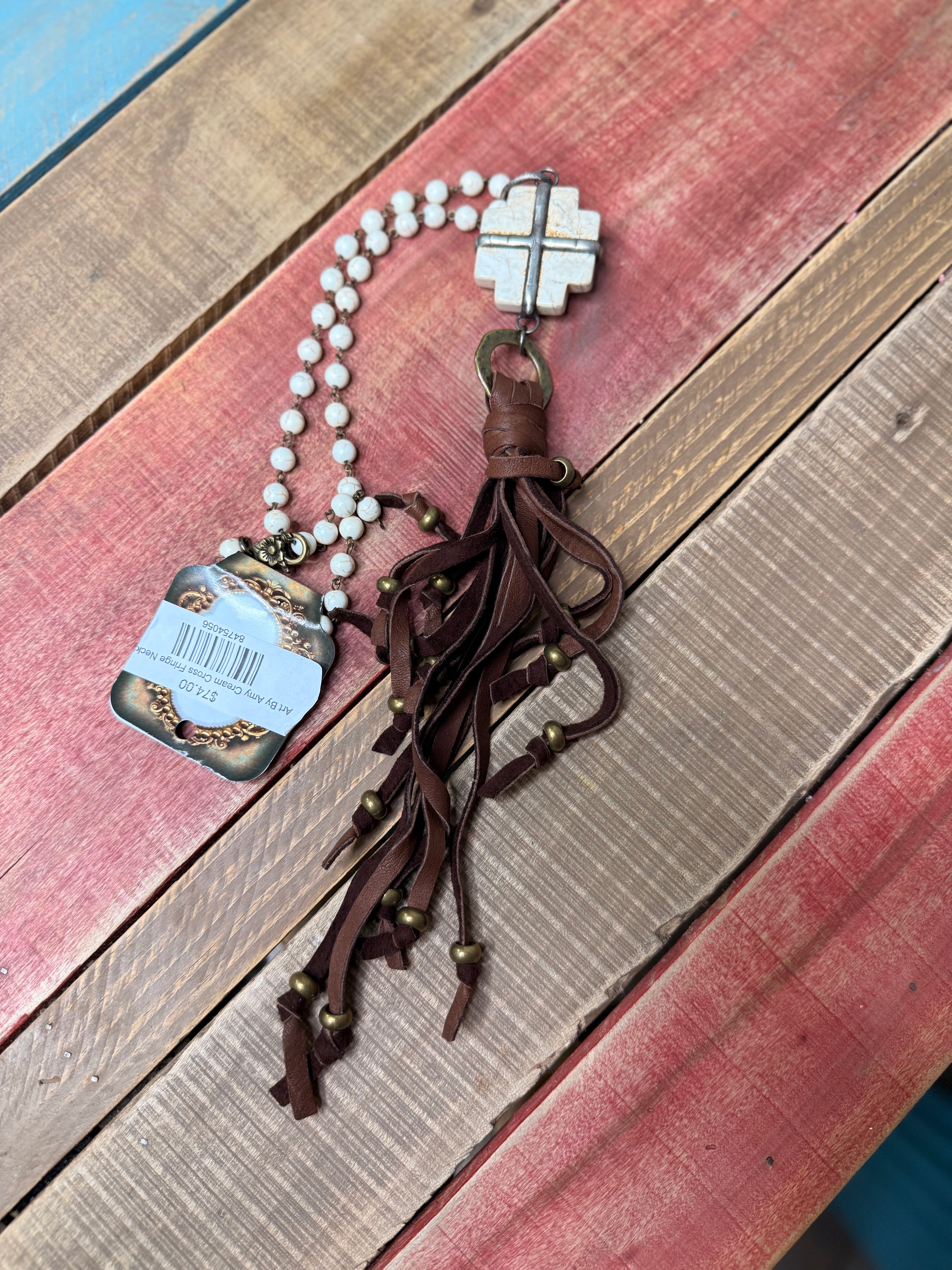 Art By Amy Cream Cross Fringe Necklace