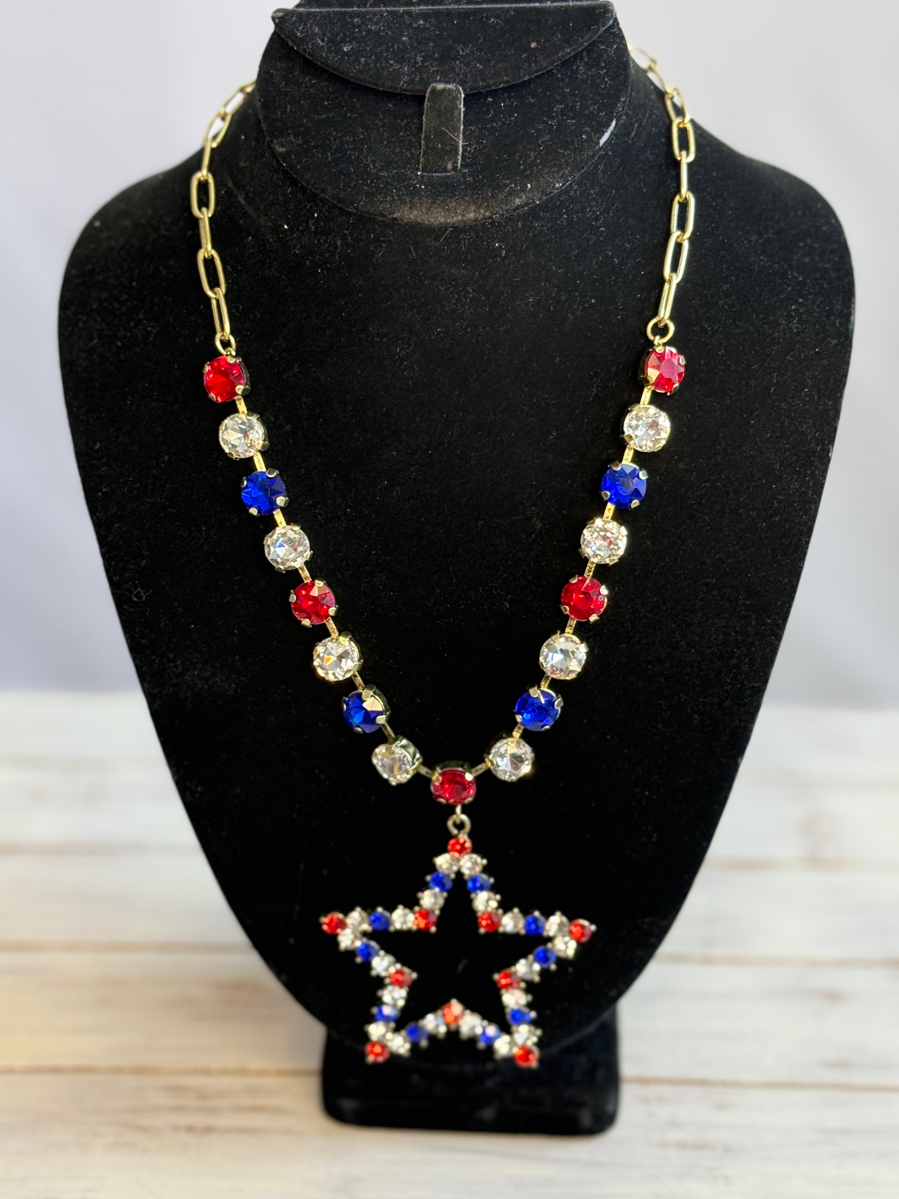 Red, Crystal, And Blue Star Golden Necklace