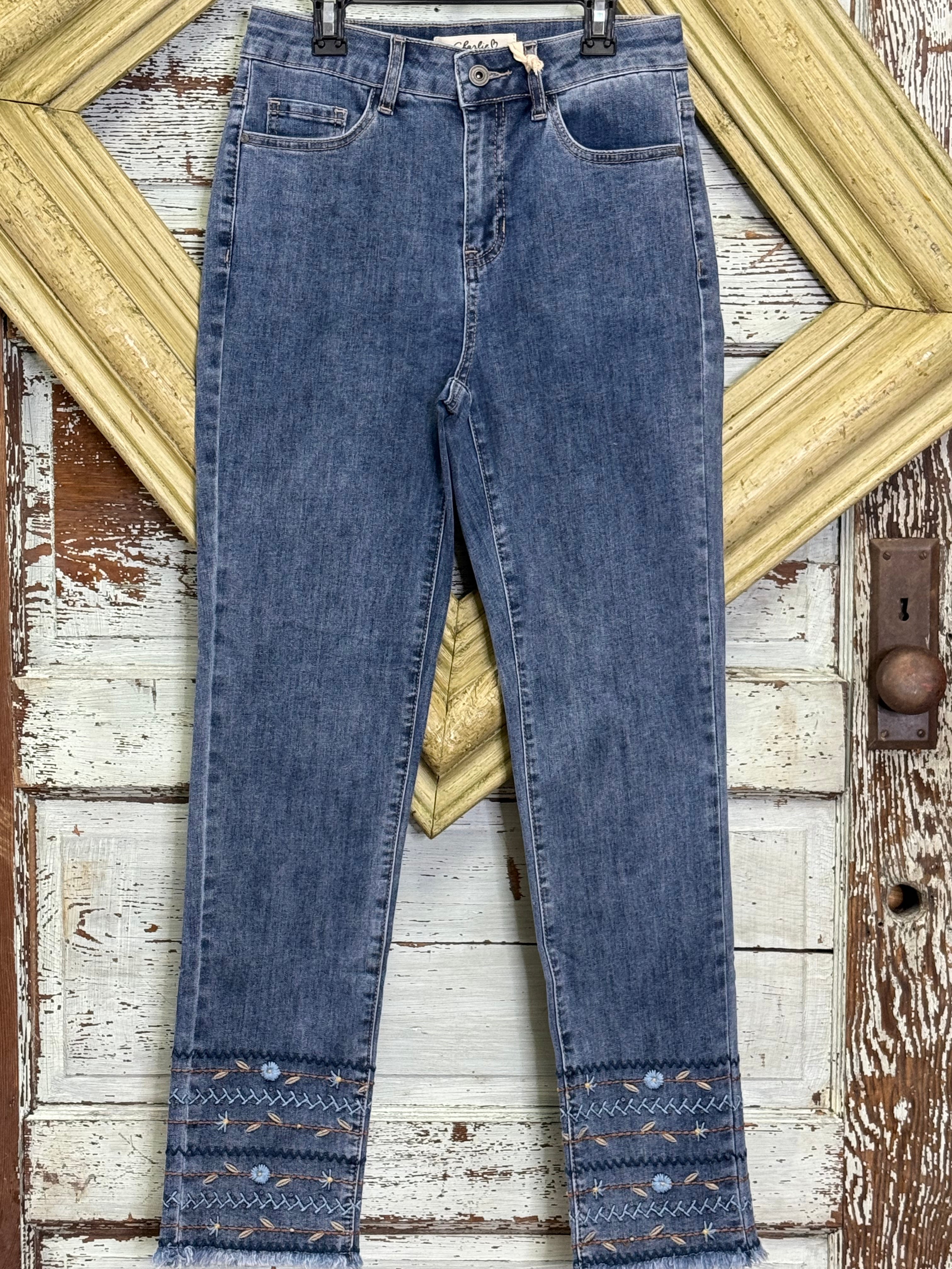 Charlie B Hem Embrodidered Slim Leg Demin Pants
