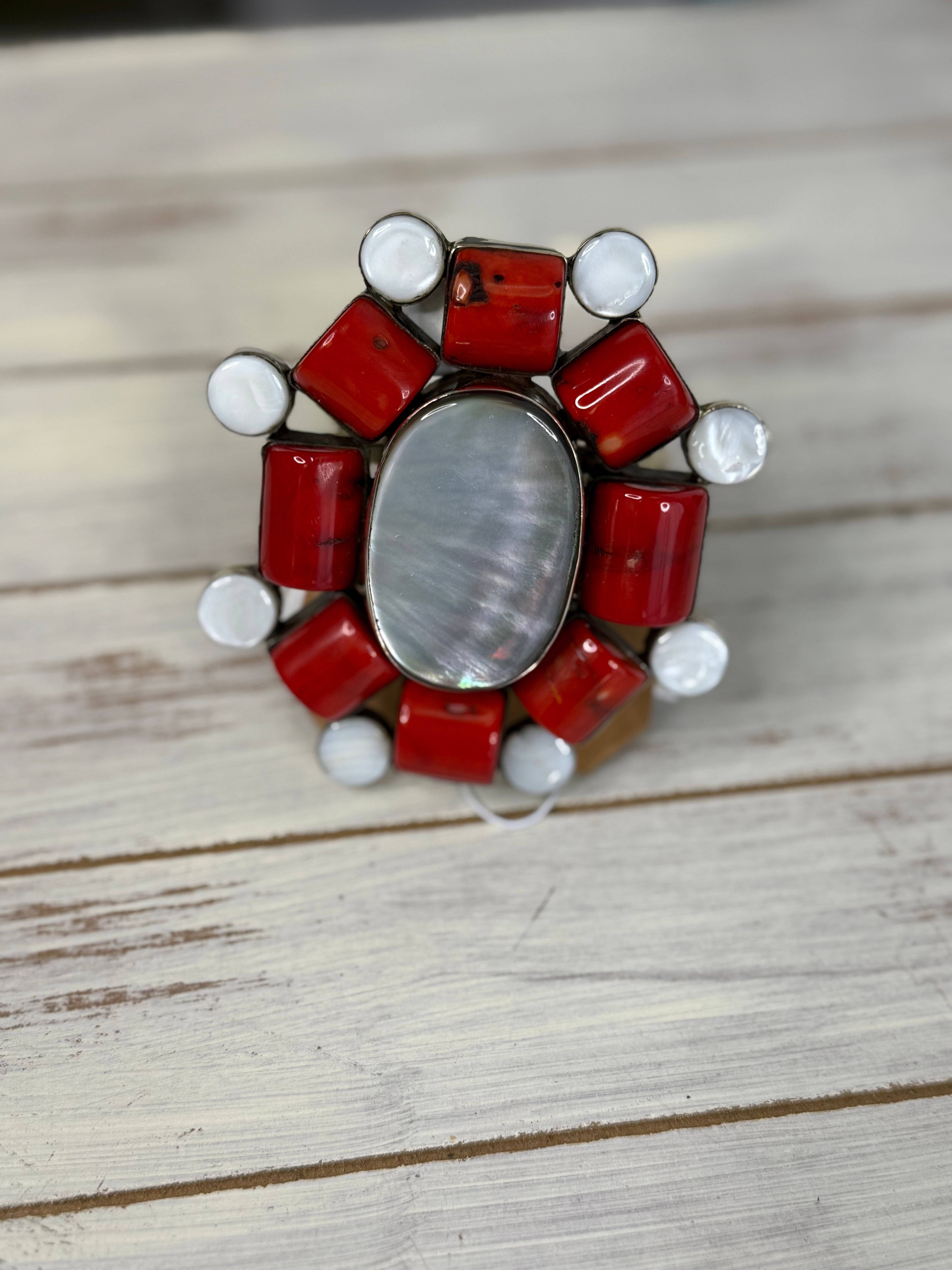Coral and mother of pearl Bracelet cuff