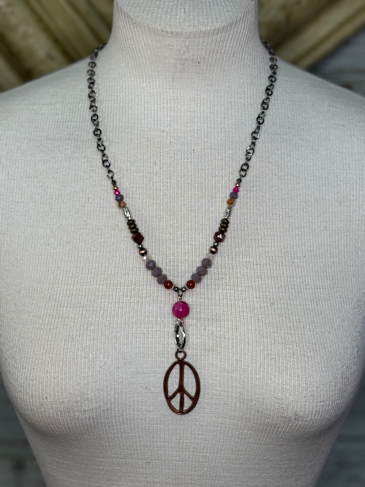 Lost and Found Pink purple peace necklace