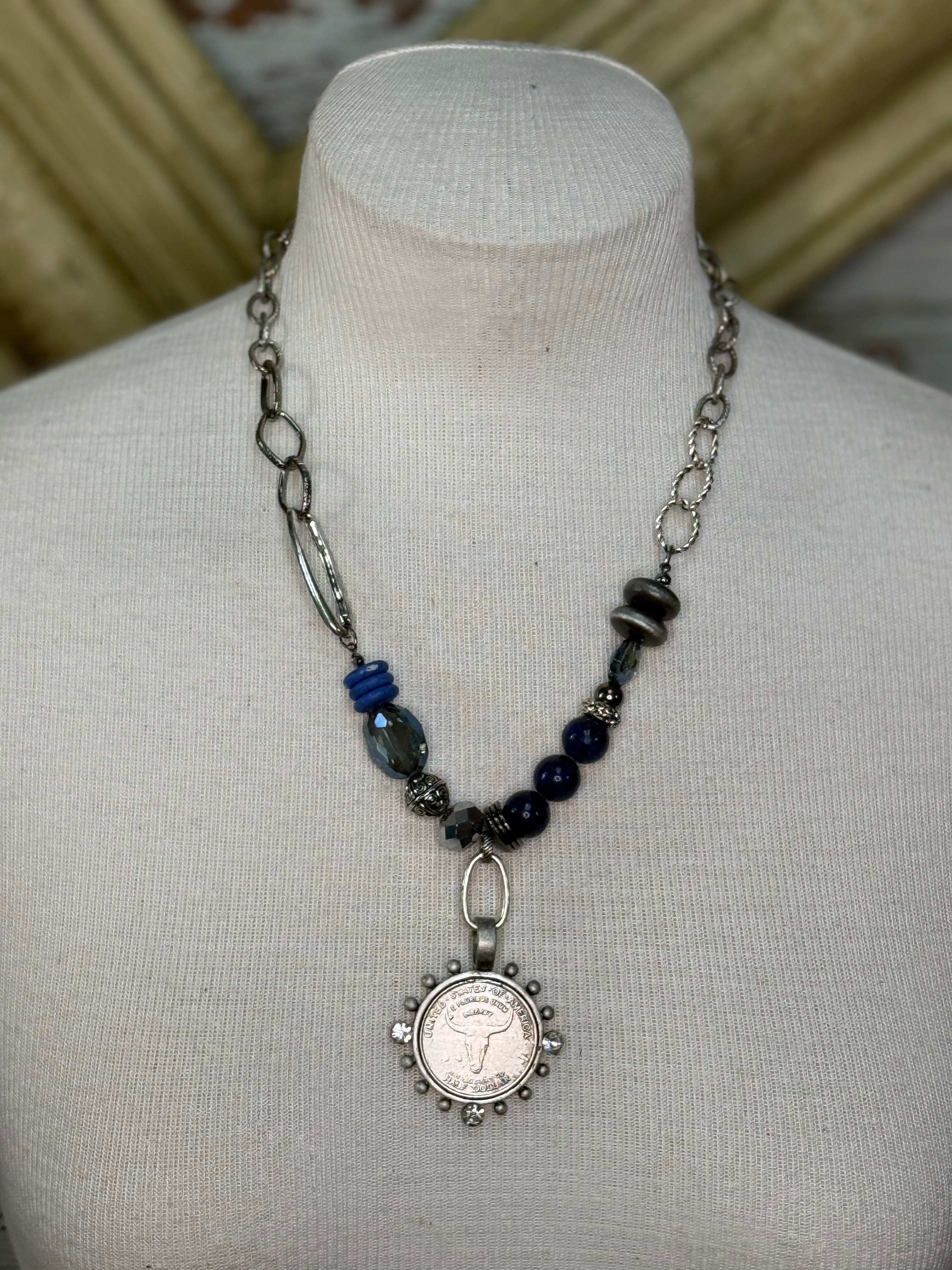 Lost and found blue coin necklace