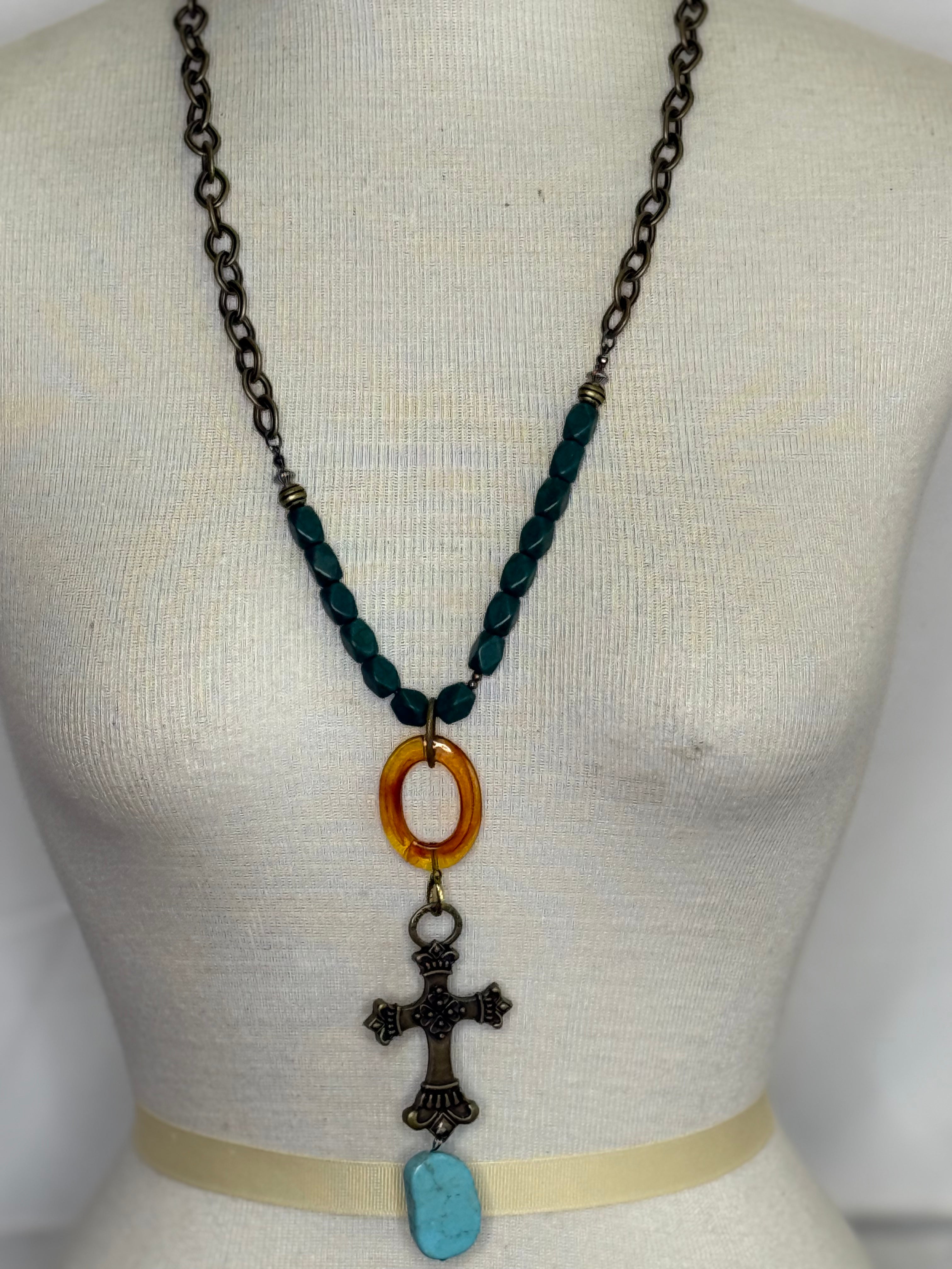 Lost and Found Green  turq Cross Necklace