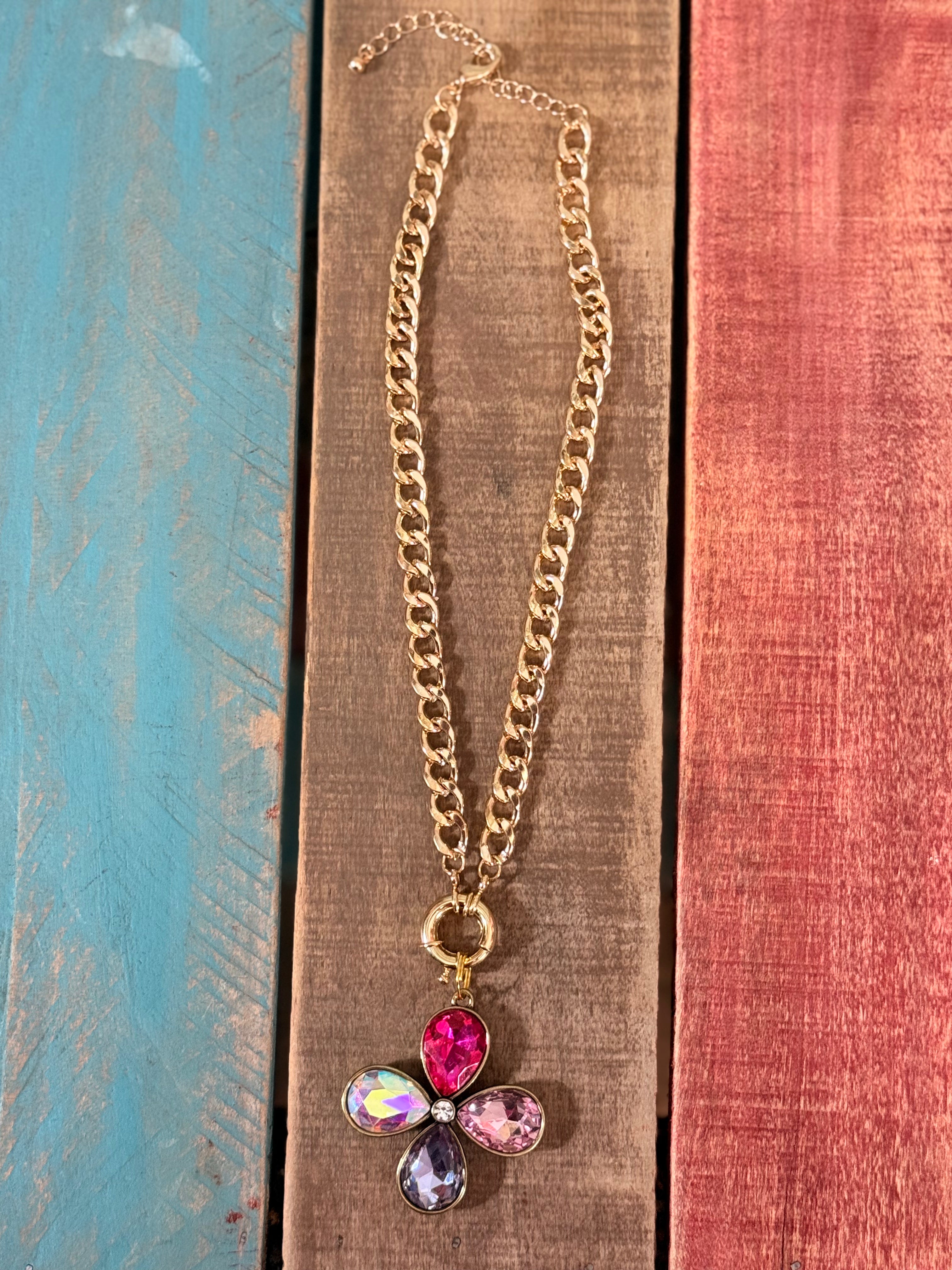 pink purple Gold Flower Necklace