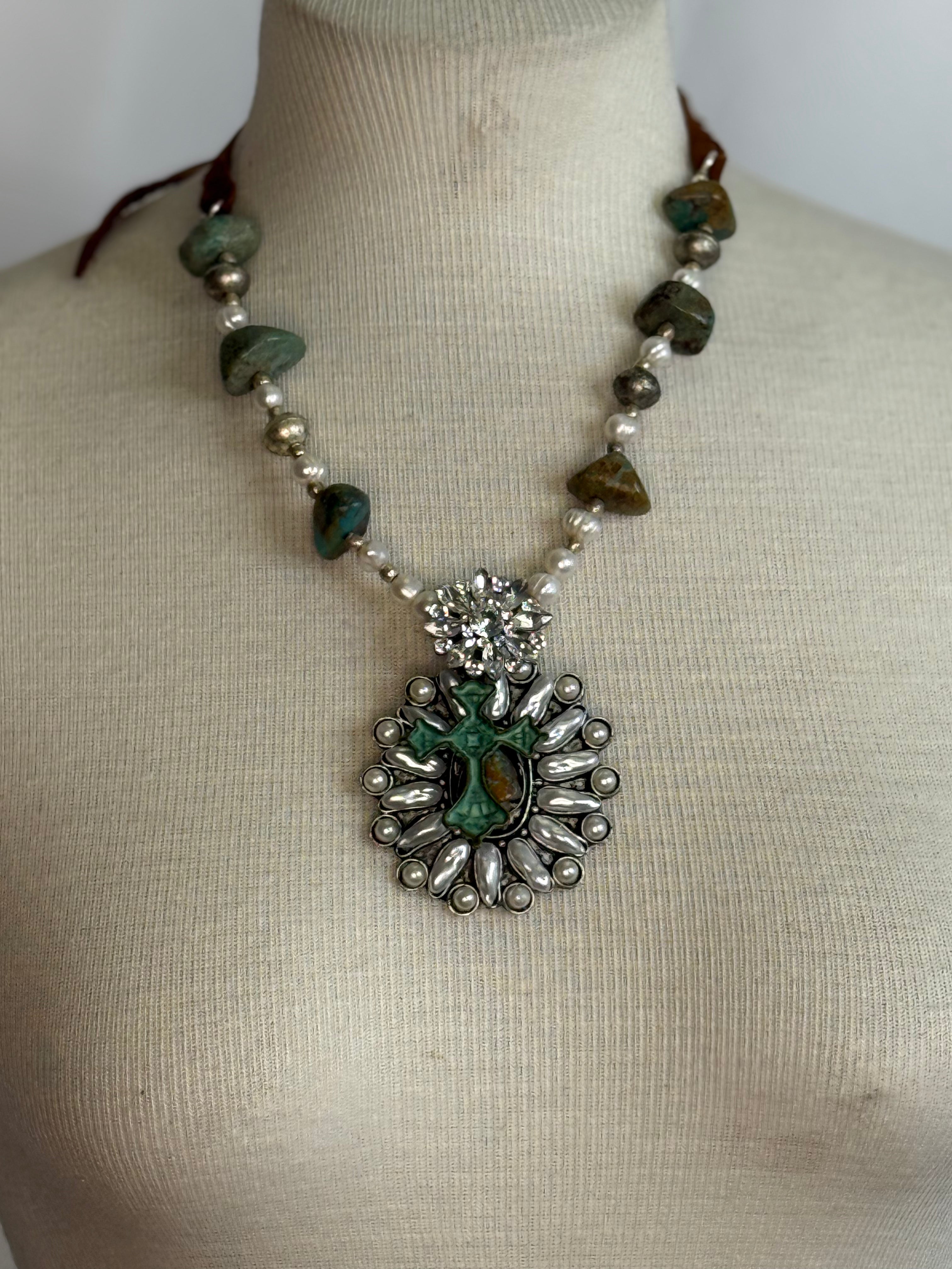 A Rare Bird Turq Pearl Cross Necklace
