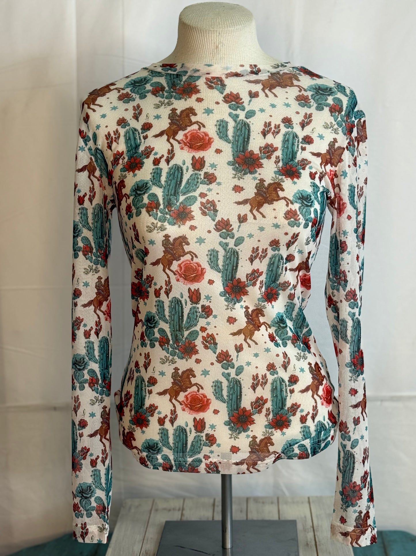 Turquoise Haven Ivory Bucking Cactus Mesh Top