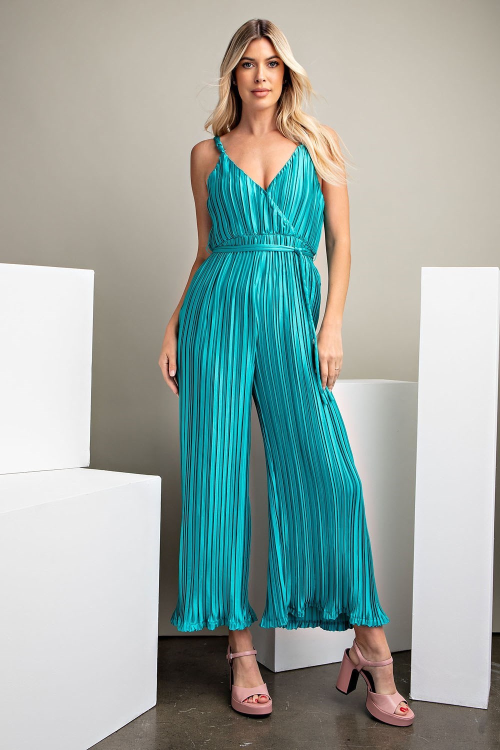 Surplice Neck Satin Pleated Jumpsuit