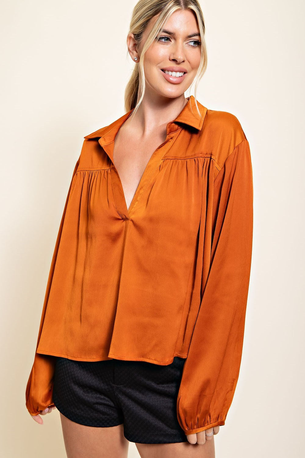 Split Neck Shirred Blouse