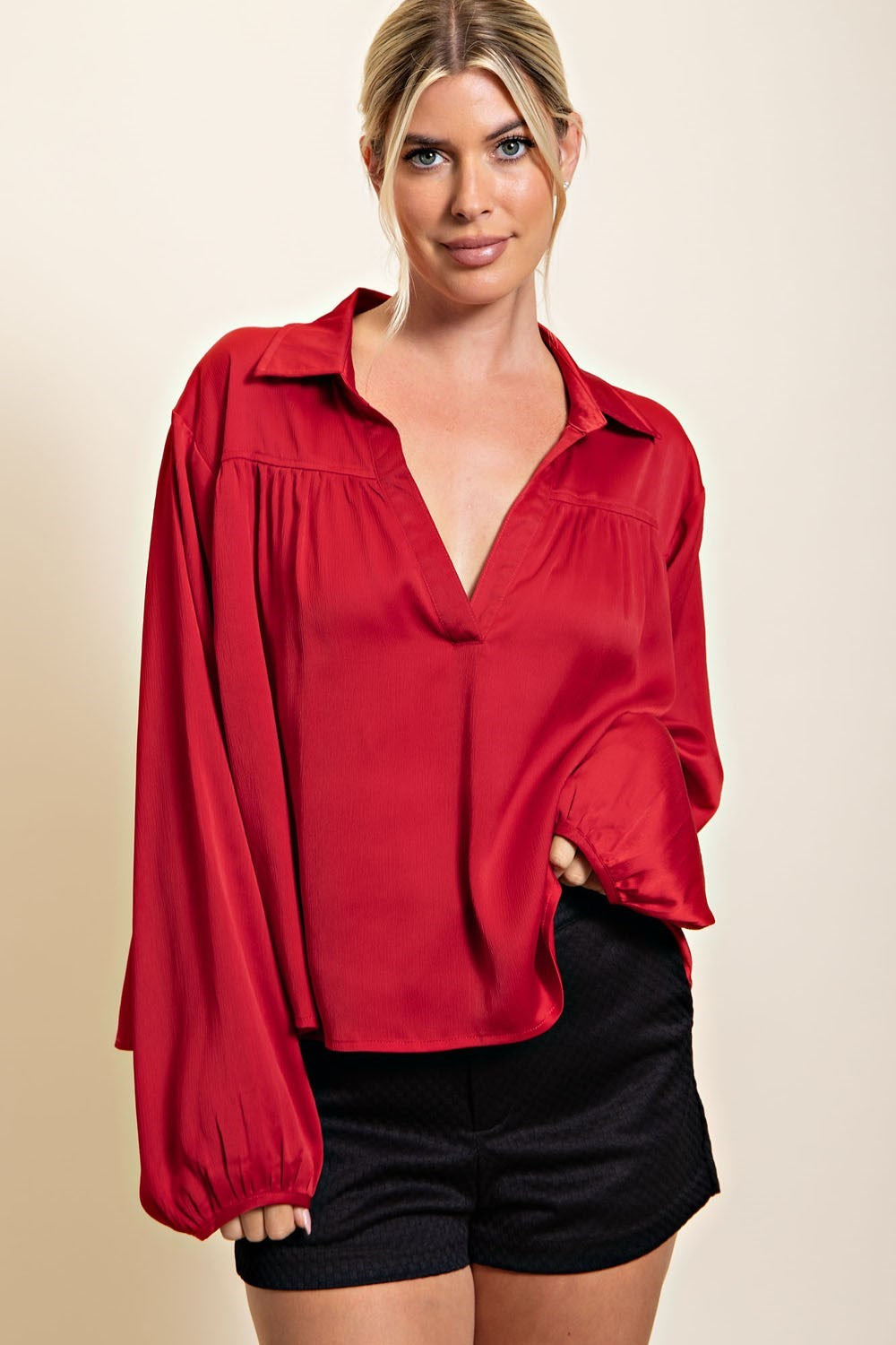 Split Neck Shirred Blouse