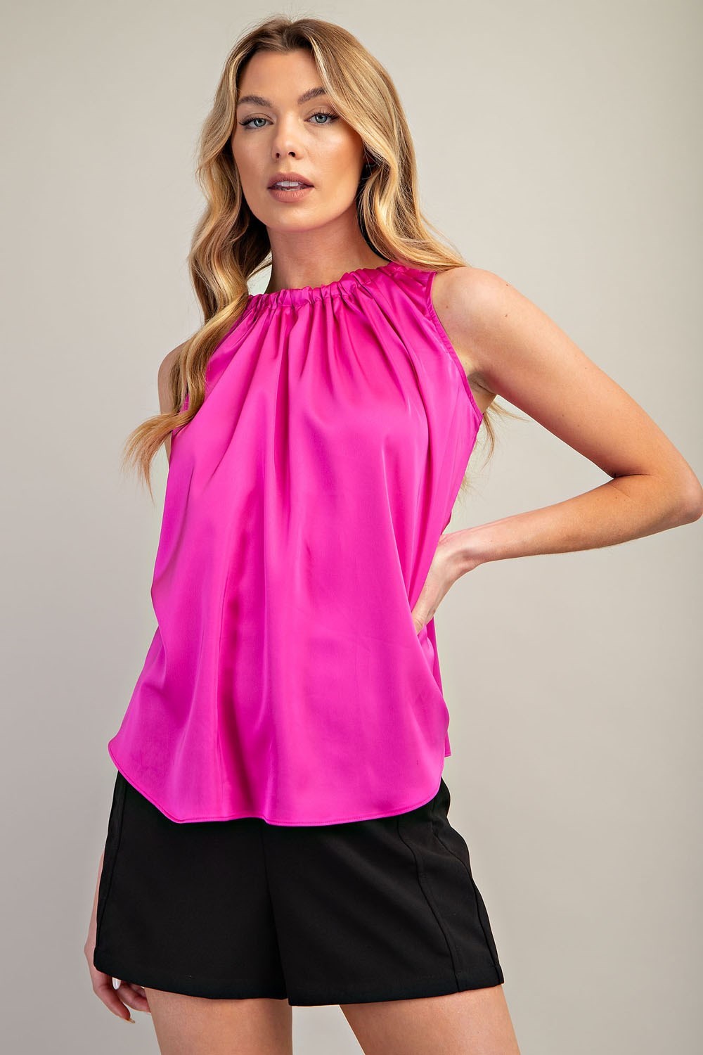 Round Neck Self Tie Sleeveless Satin Top