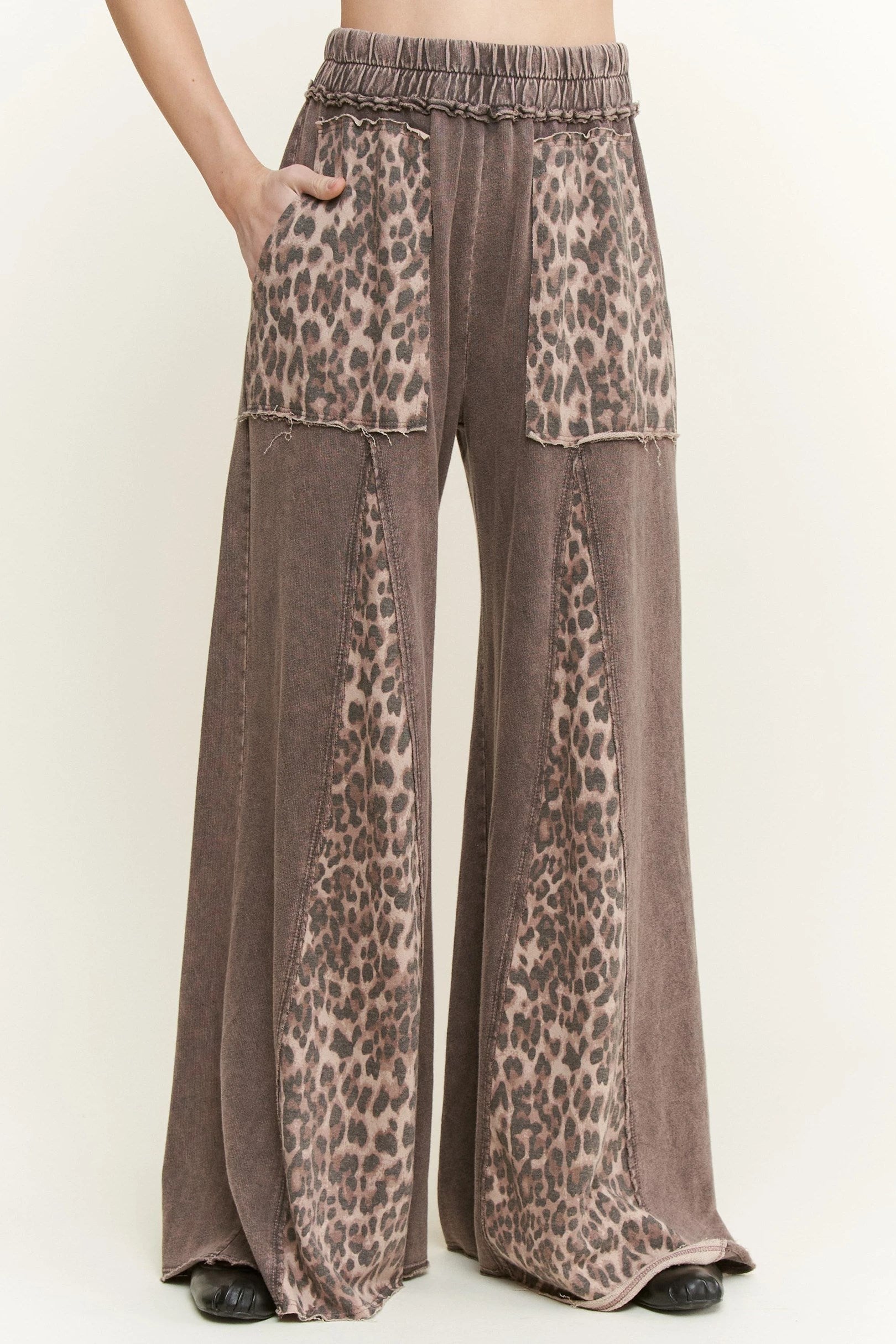 JHer Mineral Washed Leopard Animal Print Flare Pants