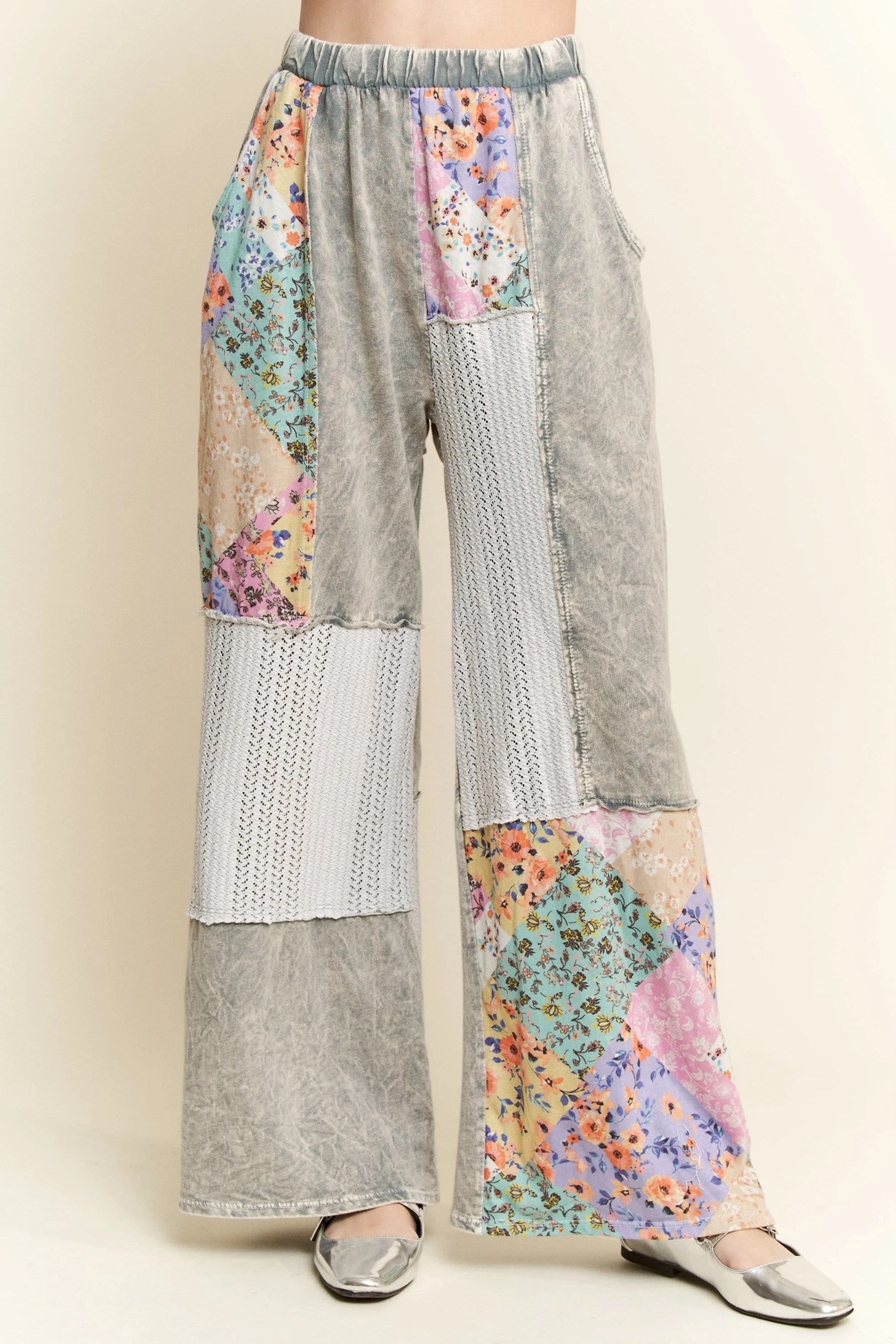 JHer Mineral Washed Floral Wave Knit Jacquard Boho Wide Leg Pants