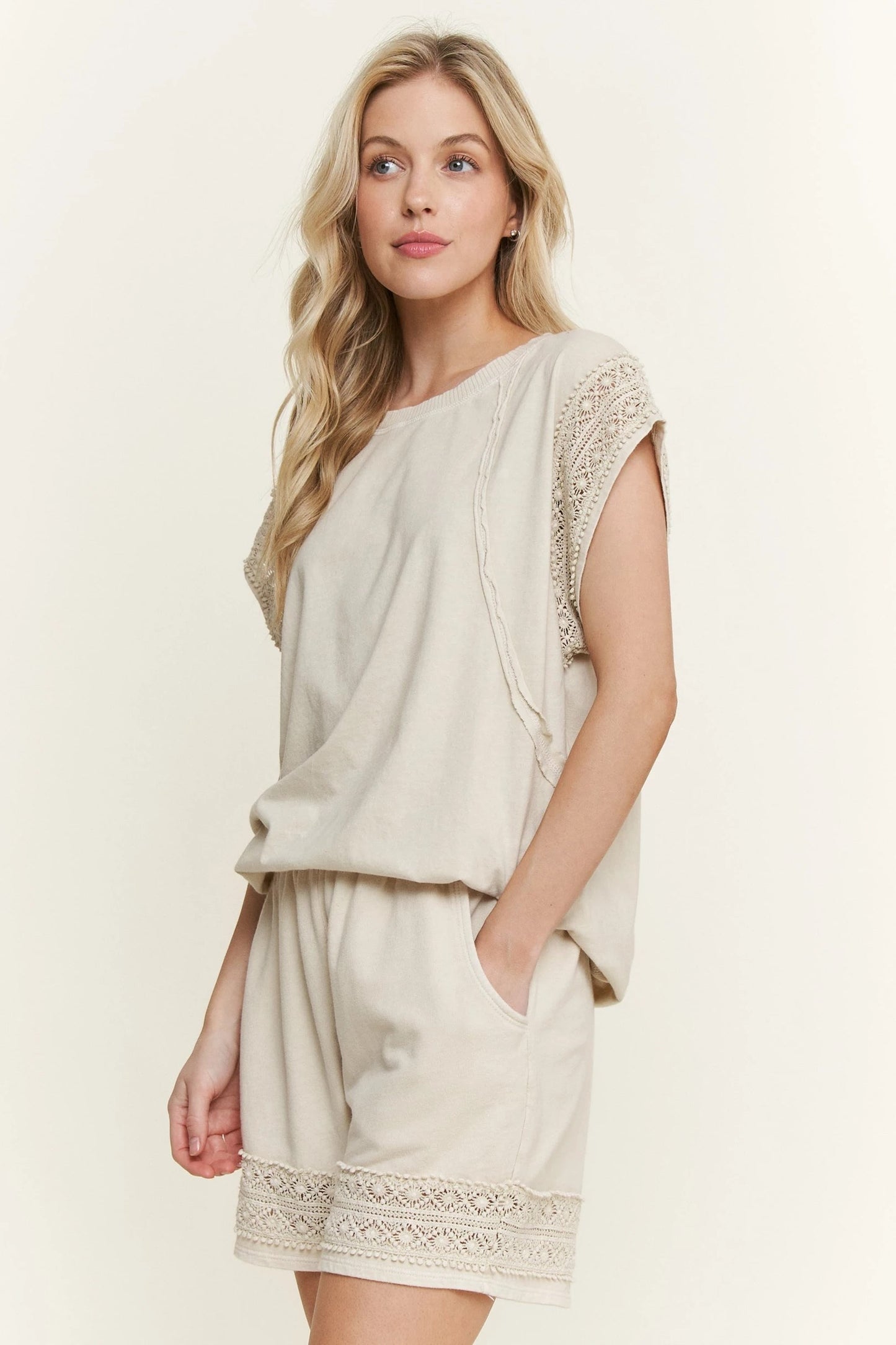 Jher Mineral Washed Lace Trim Shorts