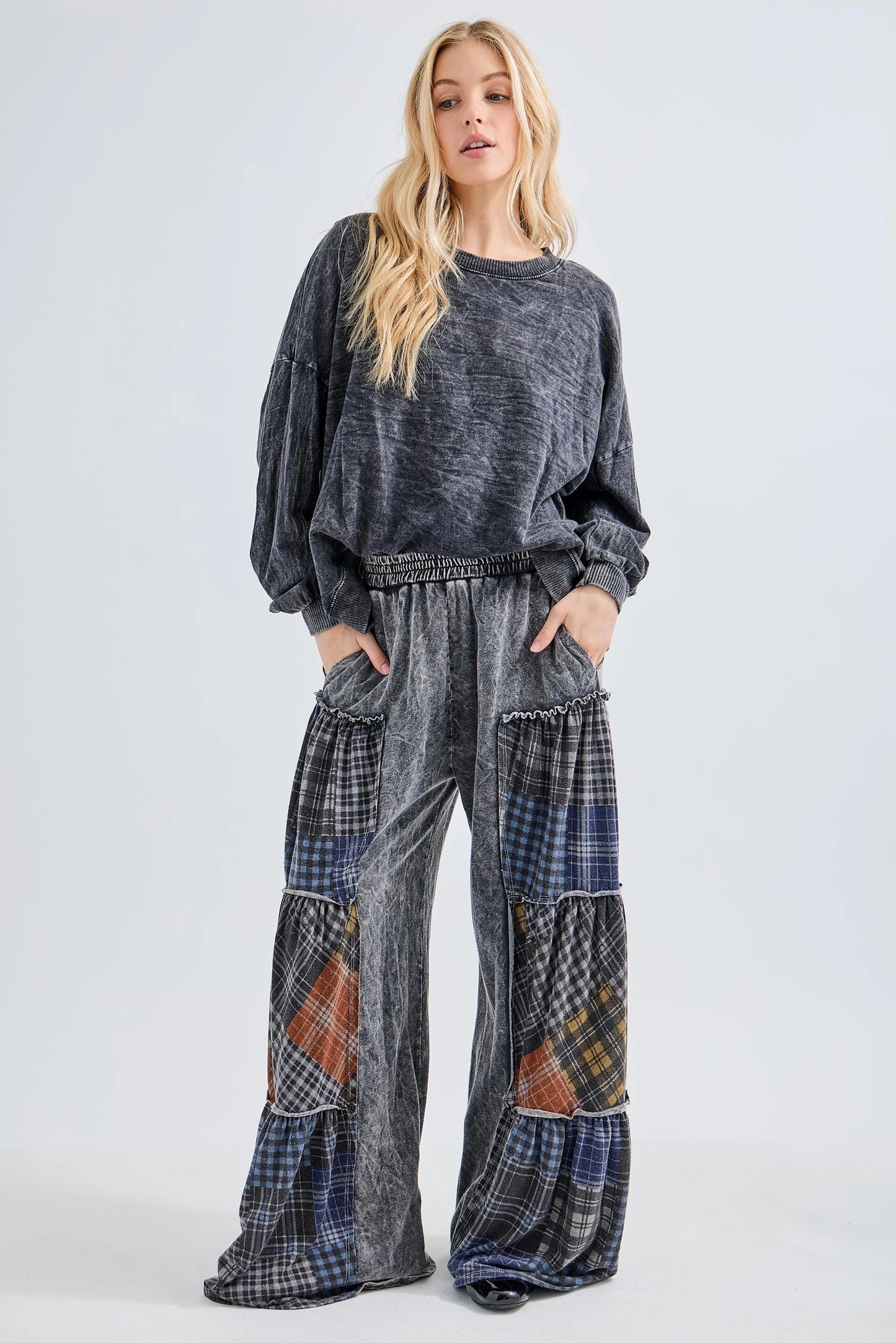 JHer Mineral Washed Boho Tiered Plaid pattern Wide Flare pants