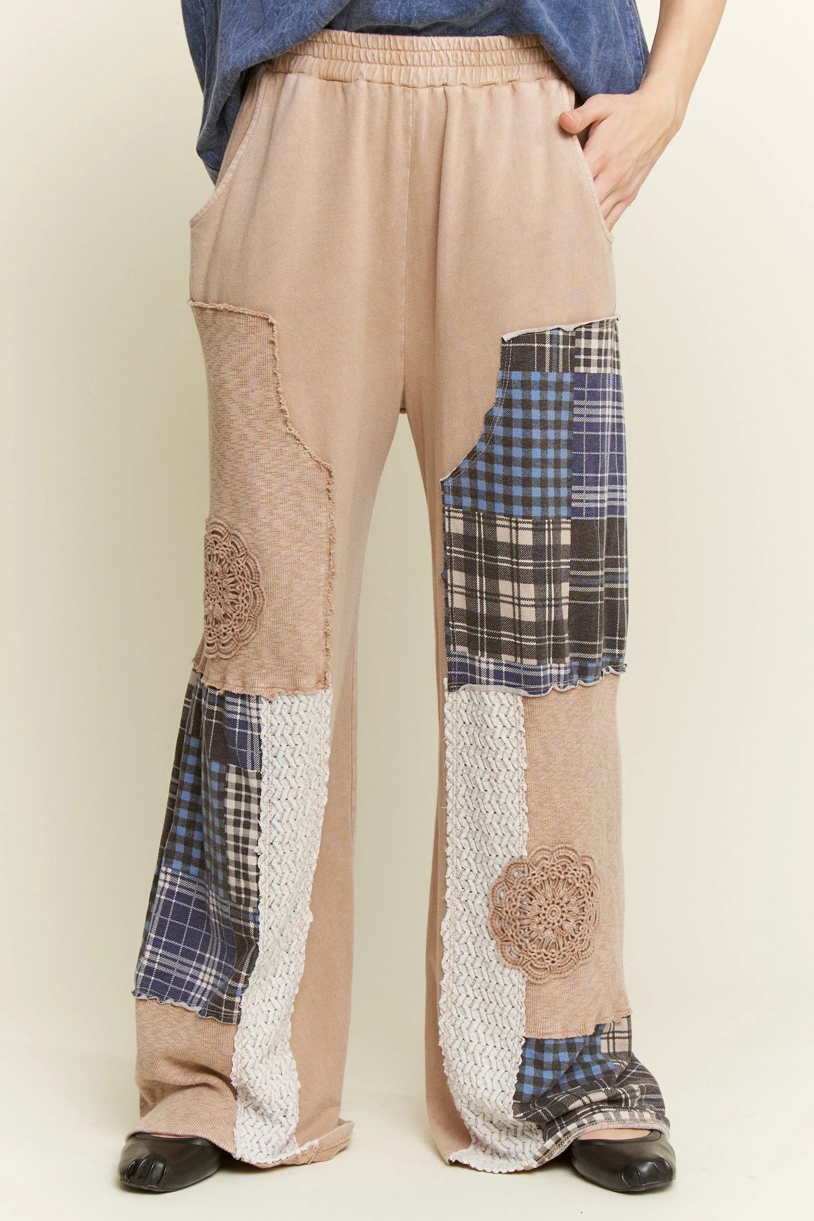 JHer Mineral Washed Plaid Patched Doily Pants