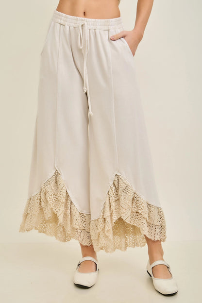 Jher Mineral Washed Lace Ruffles Cropped Pants