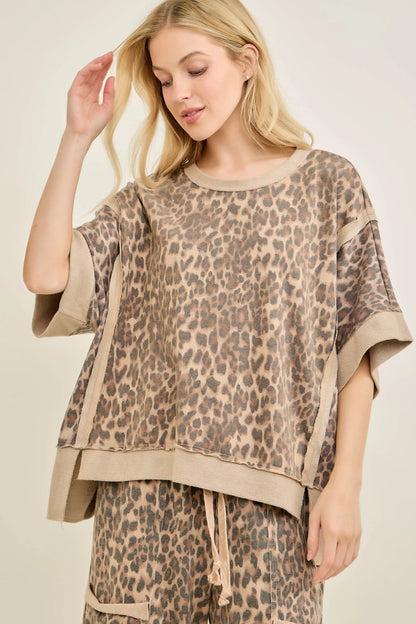 Jher Animal Cheetah Leopard Terry crewneck top