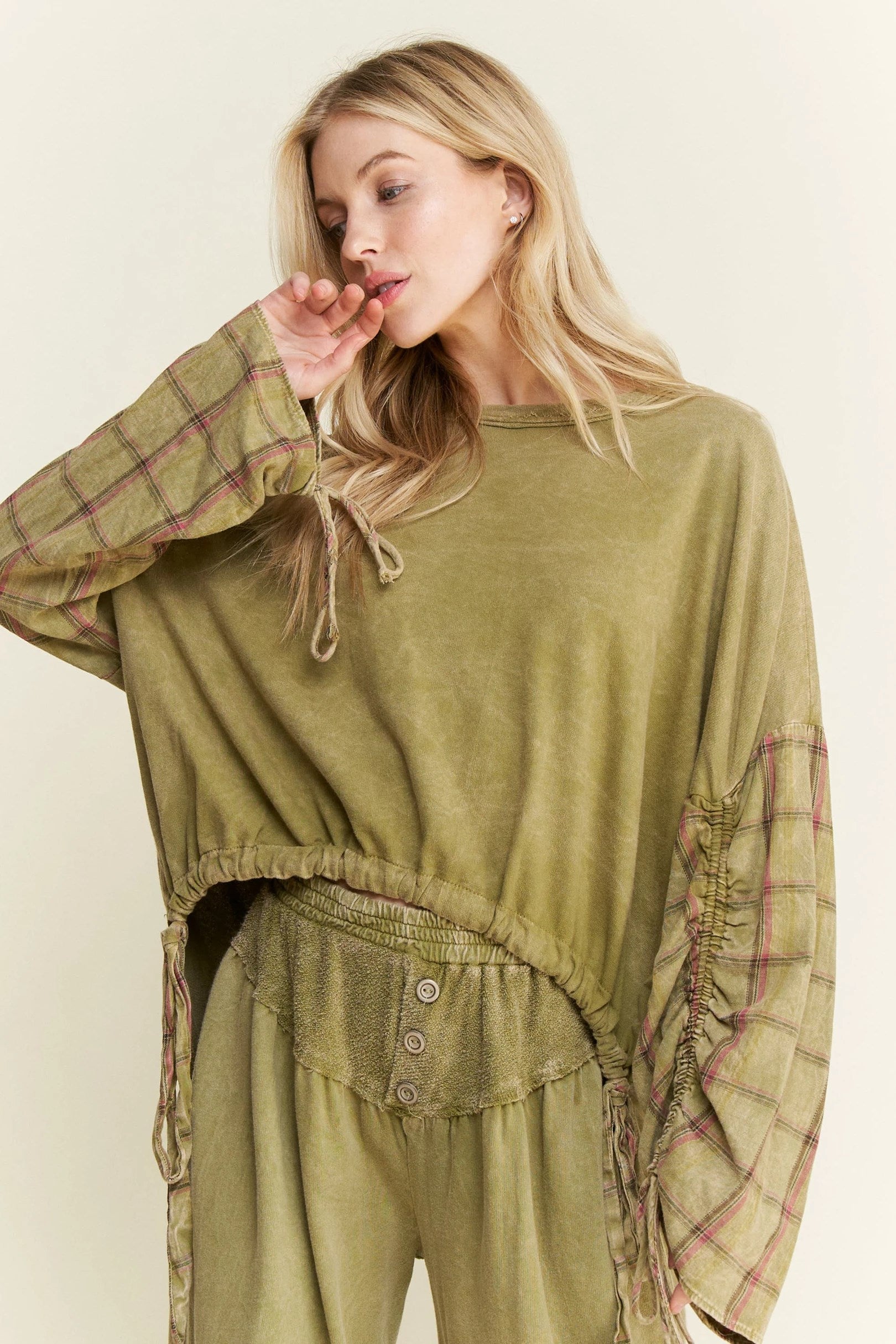 Jher Mineral Washed Drawstring adjustable top with Plaid