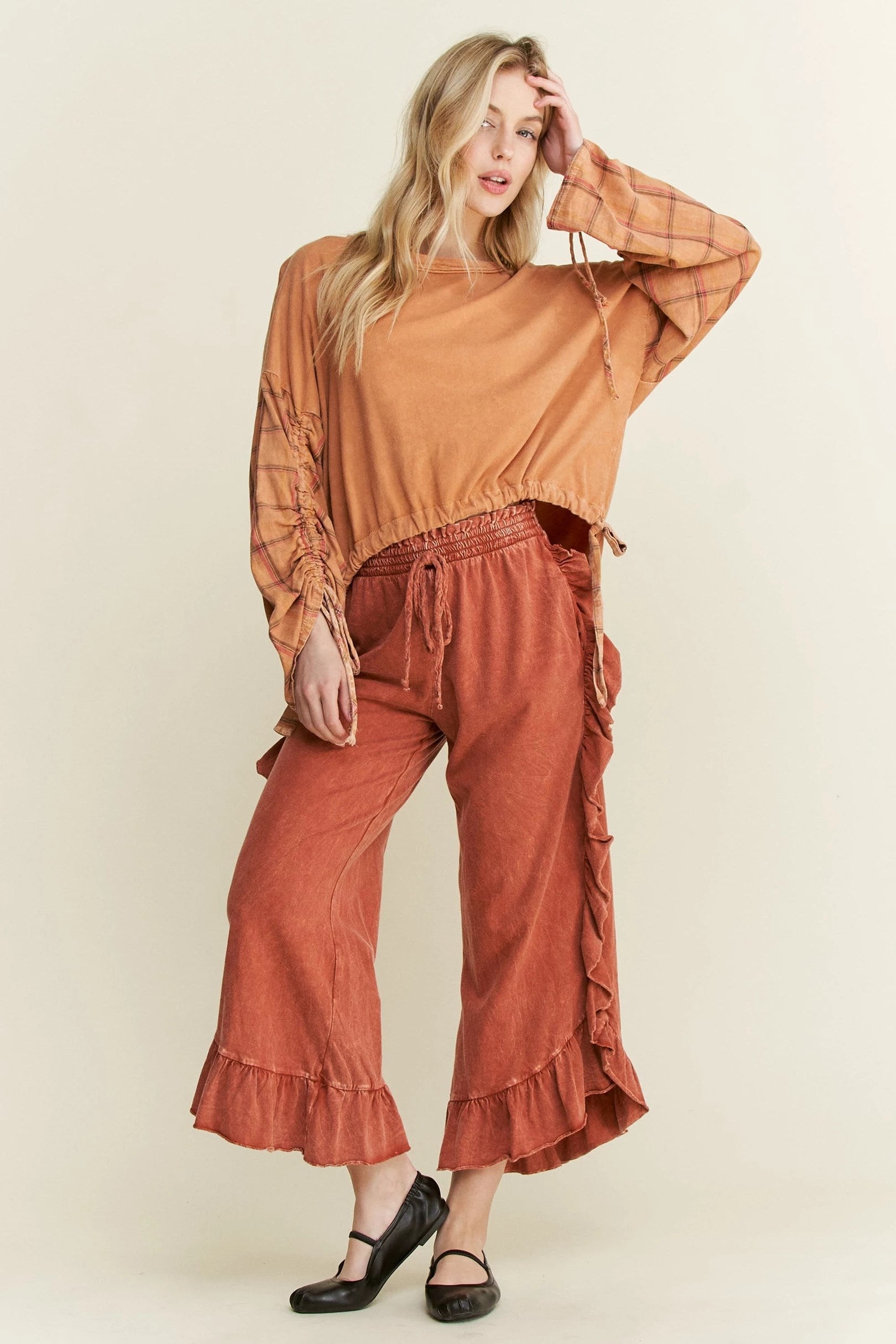 Jher Mineral Washed Drawstring adjustable top with Plaid