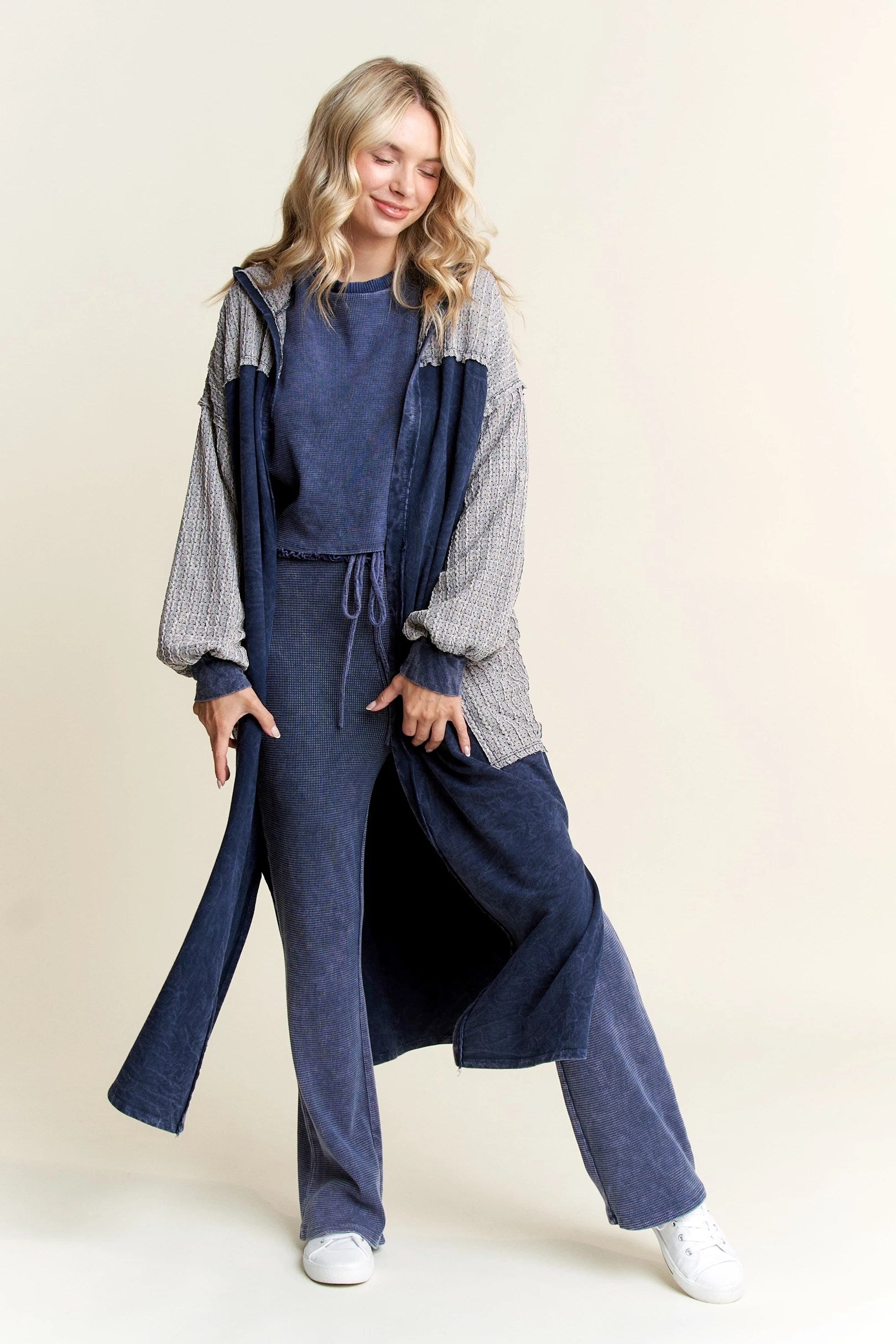 JHER MineralWash Wave Knit Jacquard hoodie maxi cardigan