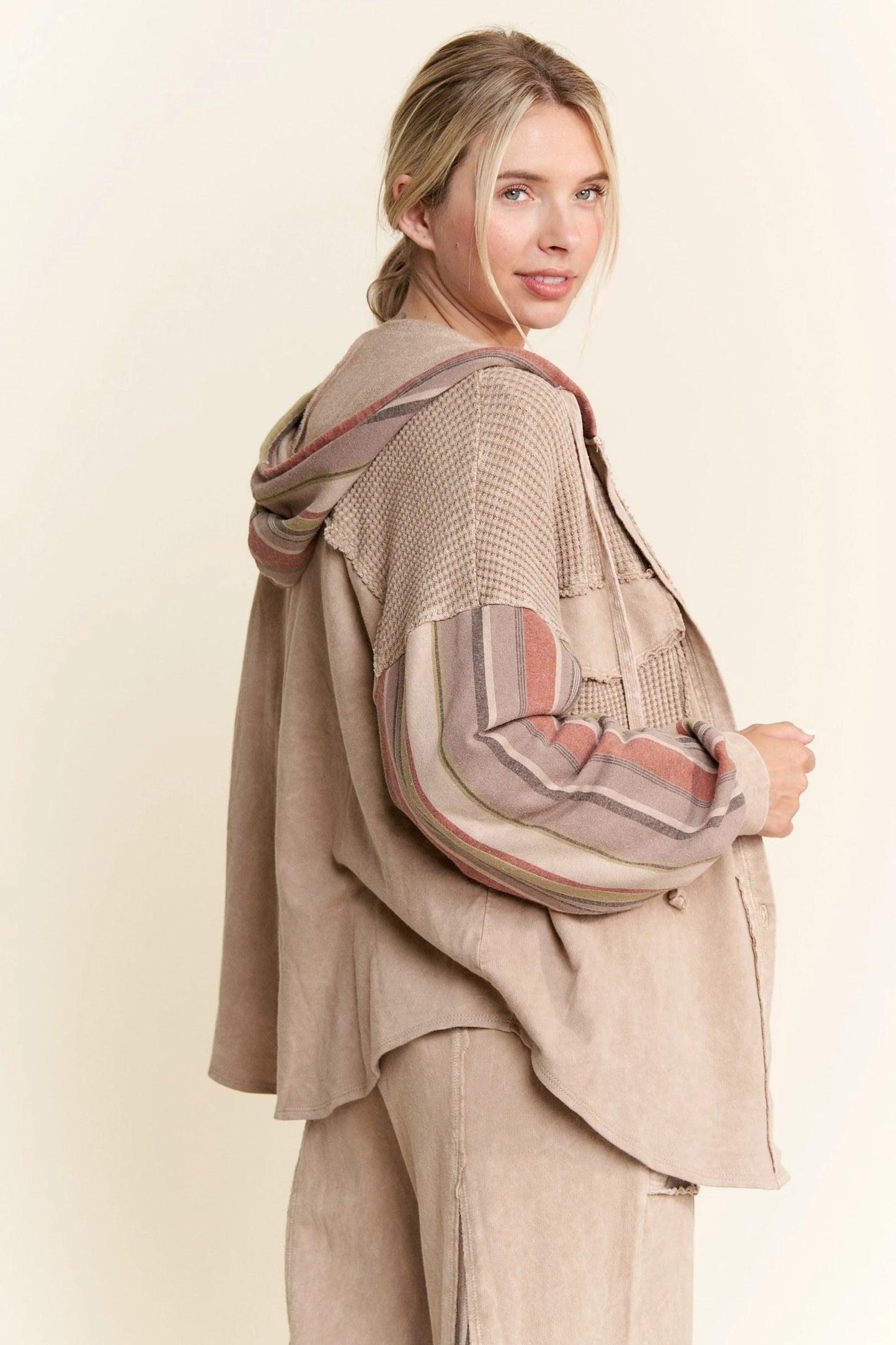 JHer MineralWash Striped Hoodie Sleeves Shacket