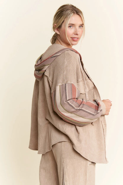JHer MineralWash Striped Hoodie Sleeves Shacket