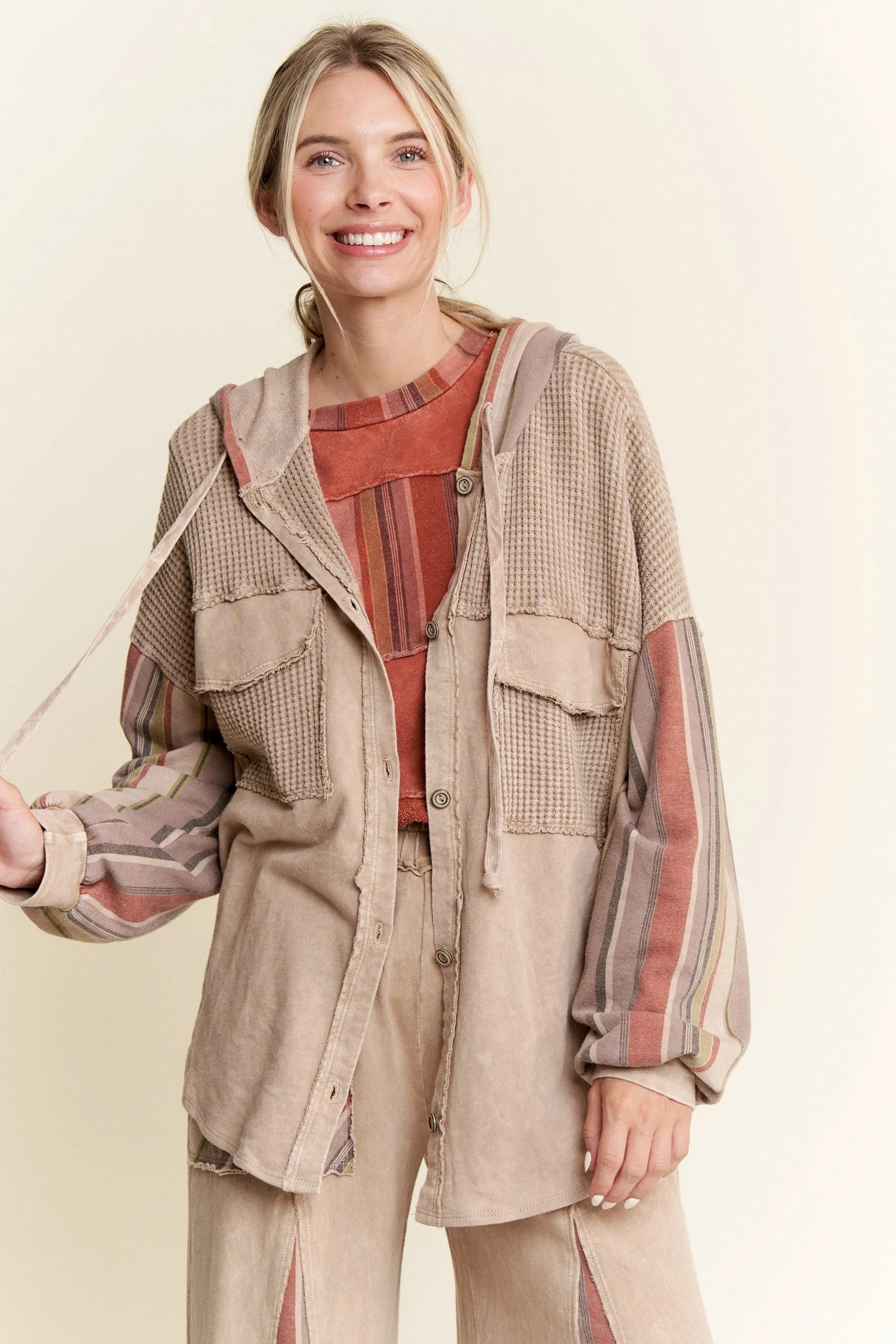 JHer MineralWash Striped Hoodie Sleeves Shacket