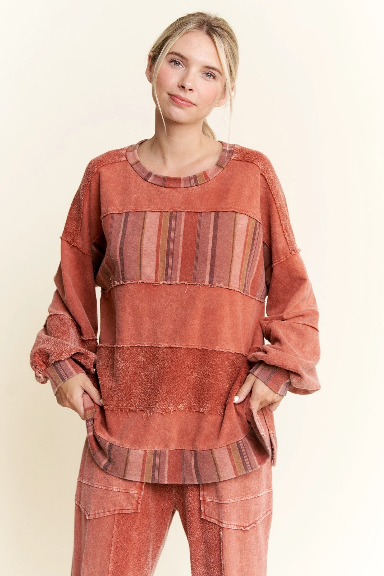 JHer MineralWash Striped Detail Crew neck long sleeve top