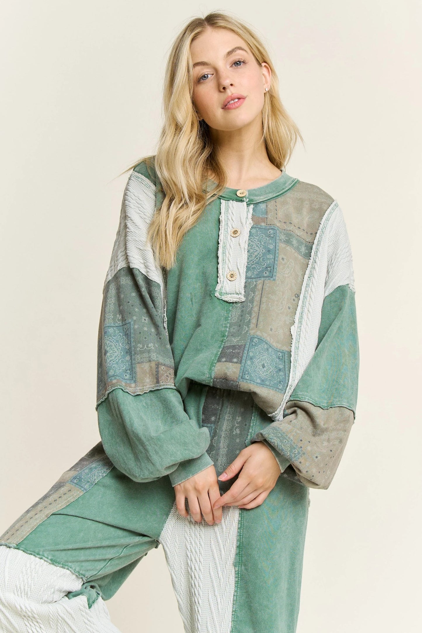 JHer Mineral Washed Bandana Patchwork + Sweater Top