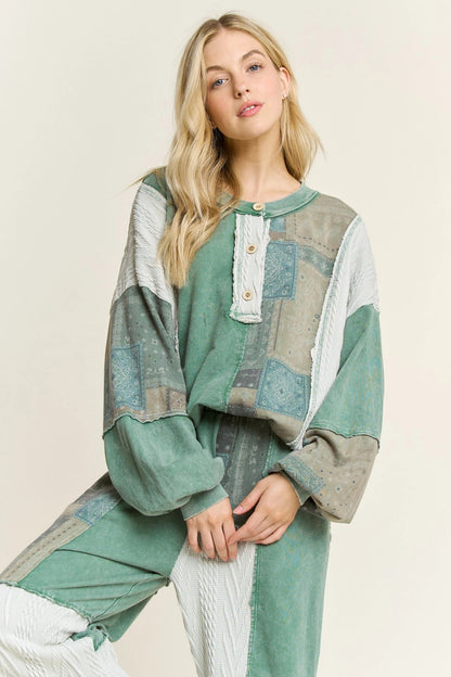 JHer Mineral Washed Bandana Patchwork + Sweater Top