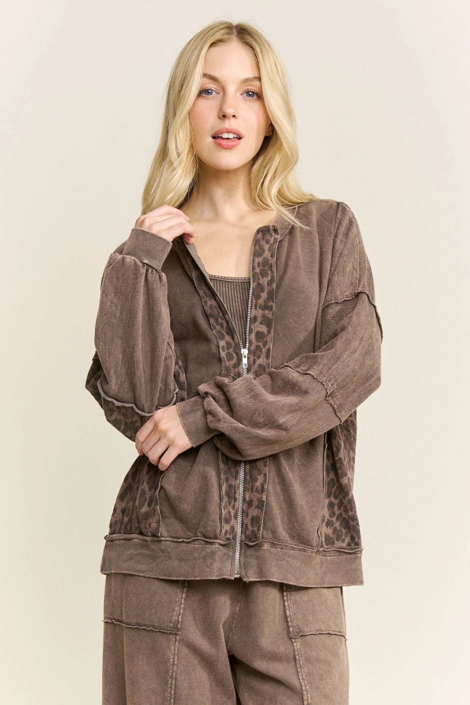 Jher Mineral Washed Cheetah Zipper Bomber Jacket