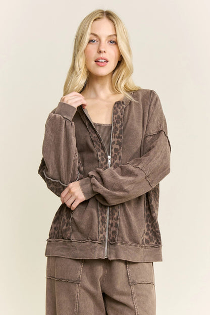 Jher Mineral Washed Cheetah Zipper Bomber Jacket