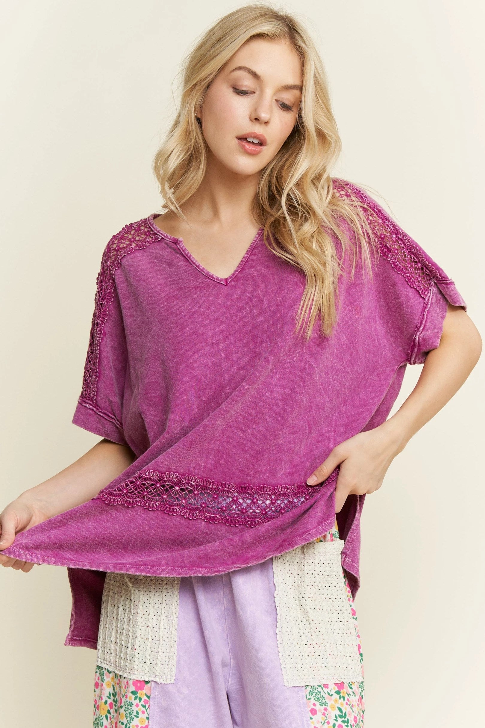 JHer Magenta Mineral Washed Lace Trim Split Vneck Blouse