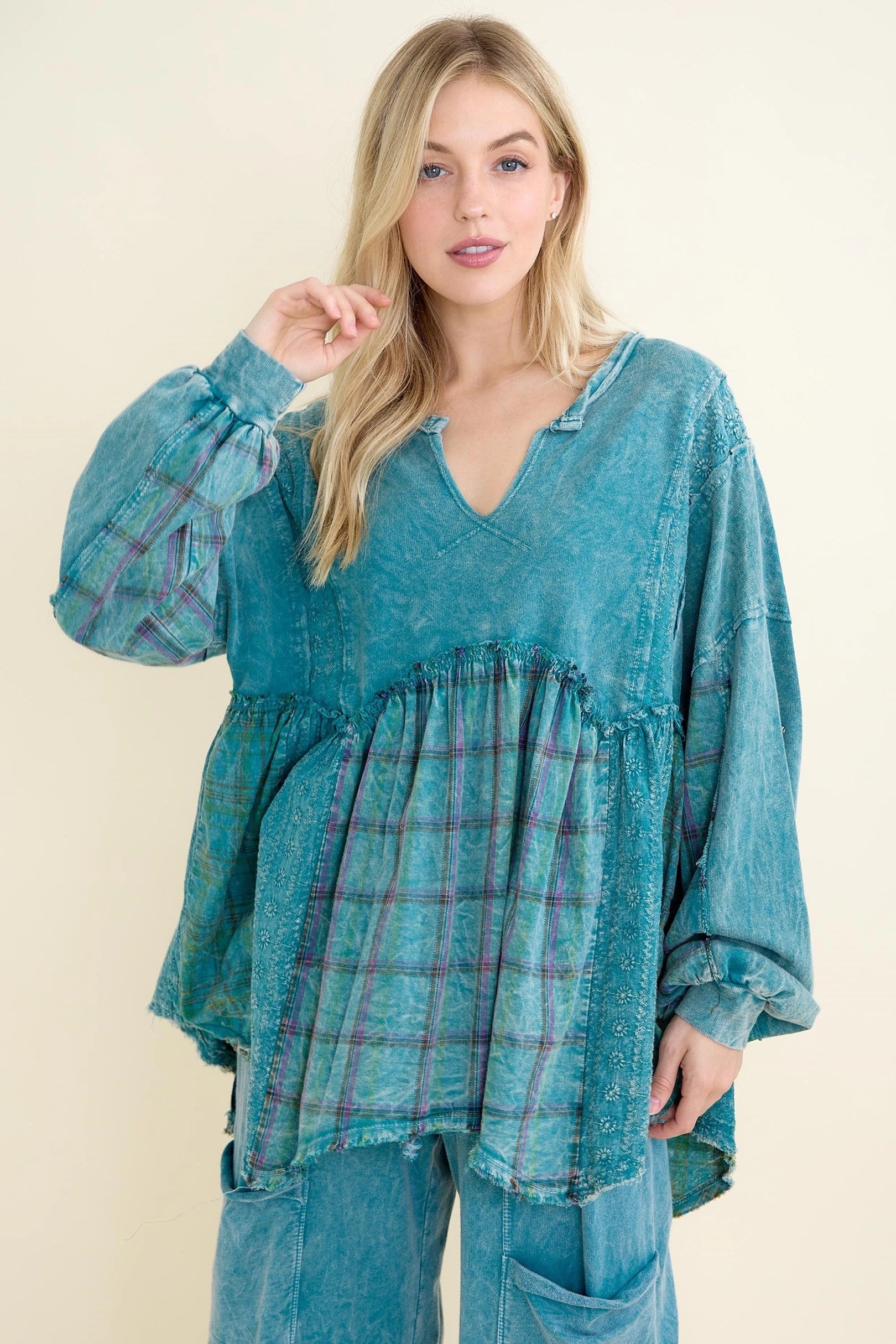 Jher Mineral Washed Flannel Eyelet Babydoll Blouse