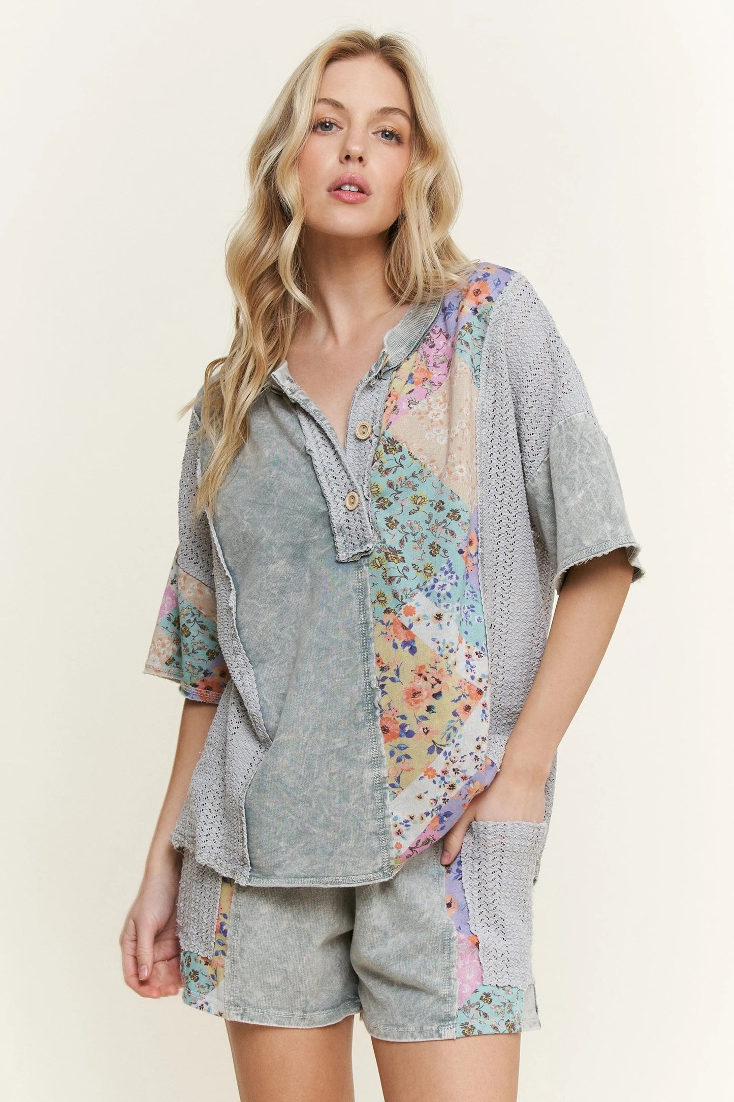 JHer Mineral Washed Floral Printed Block Henley Top