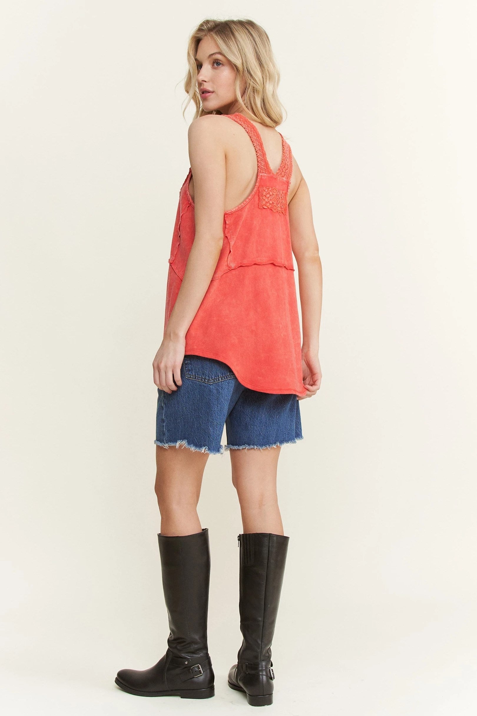 JHer Mineral Washed Lace detailed versatile Boho tank blouse top