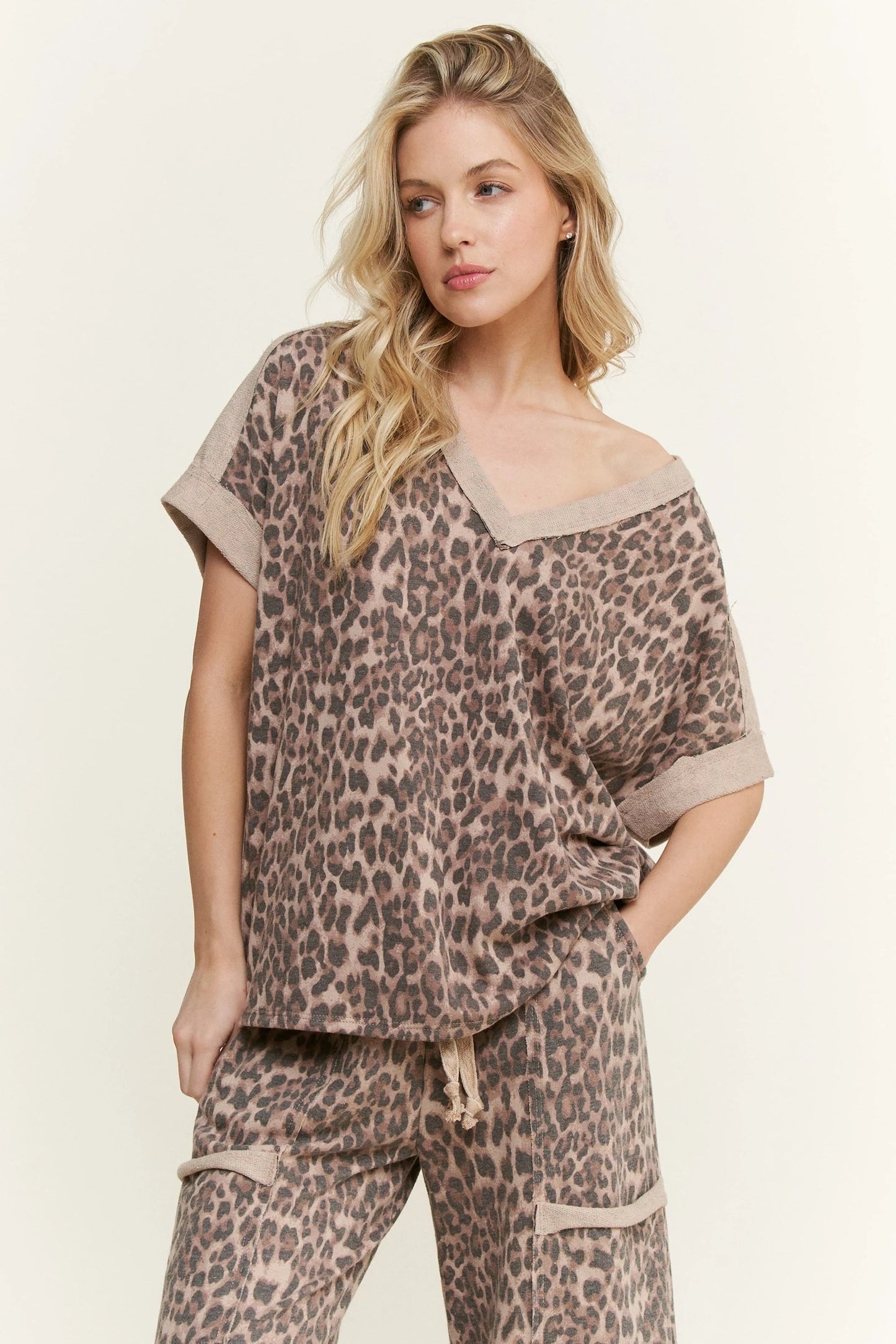Jher Mineral Washed Leopard Animal print V neck shirt