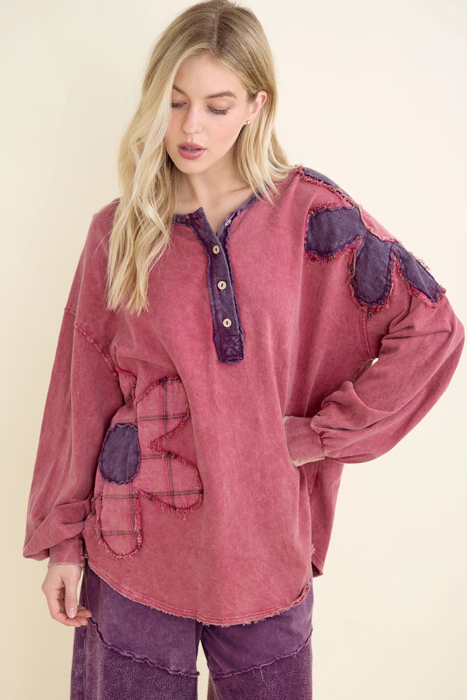 JHer Mineral Washed Flannel Daisy Henley  top