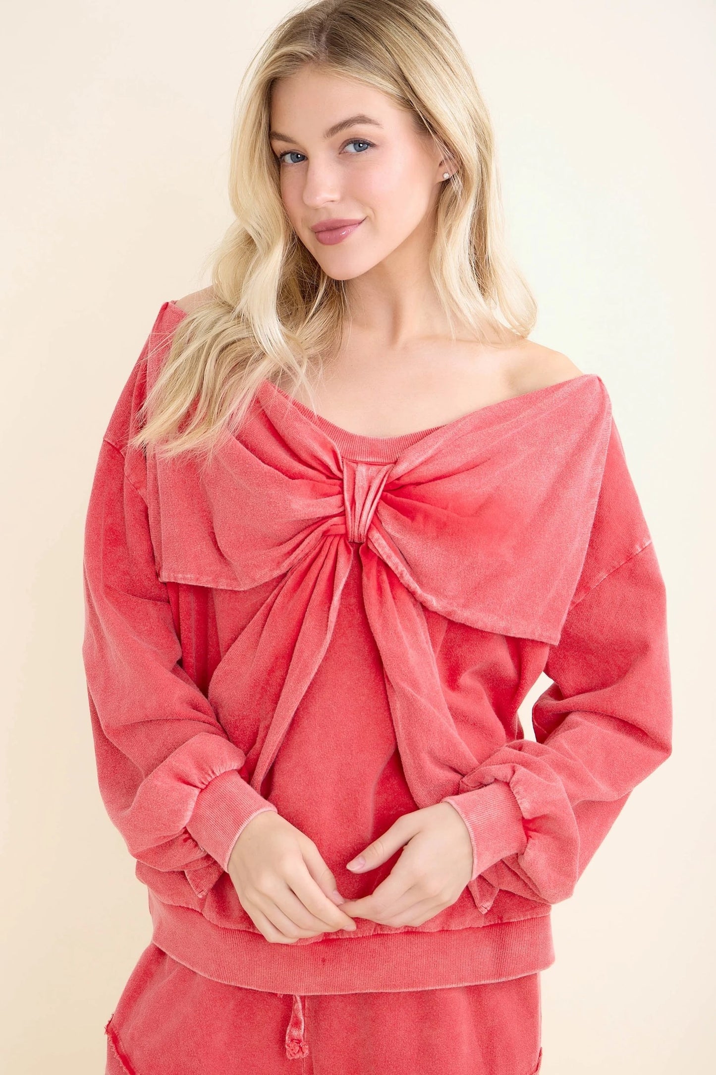 JHer Mineral Washed Off-the-Shoulder Ribbon Bow Cutie top