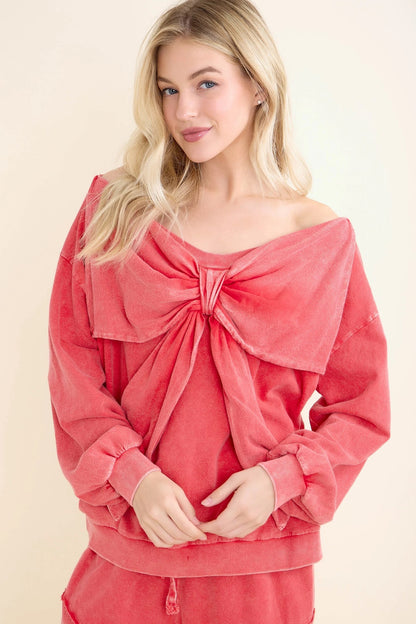 JHer Mineral Washed Off-the-Shoulder Ribbon Bow Cutie top