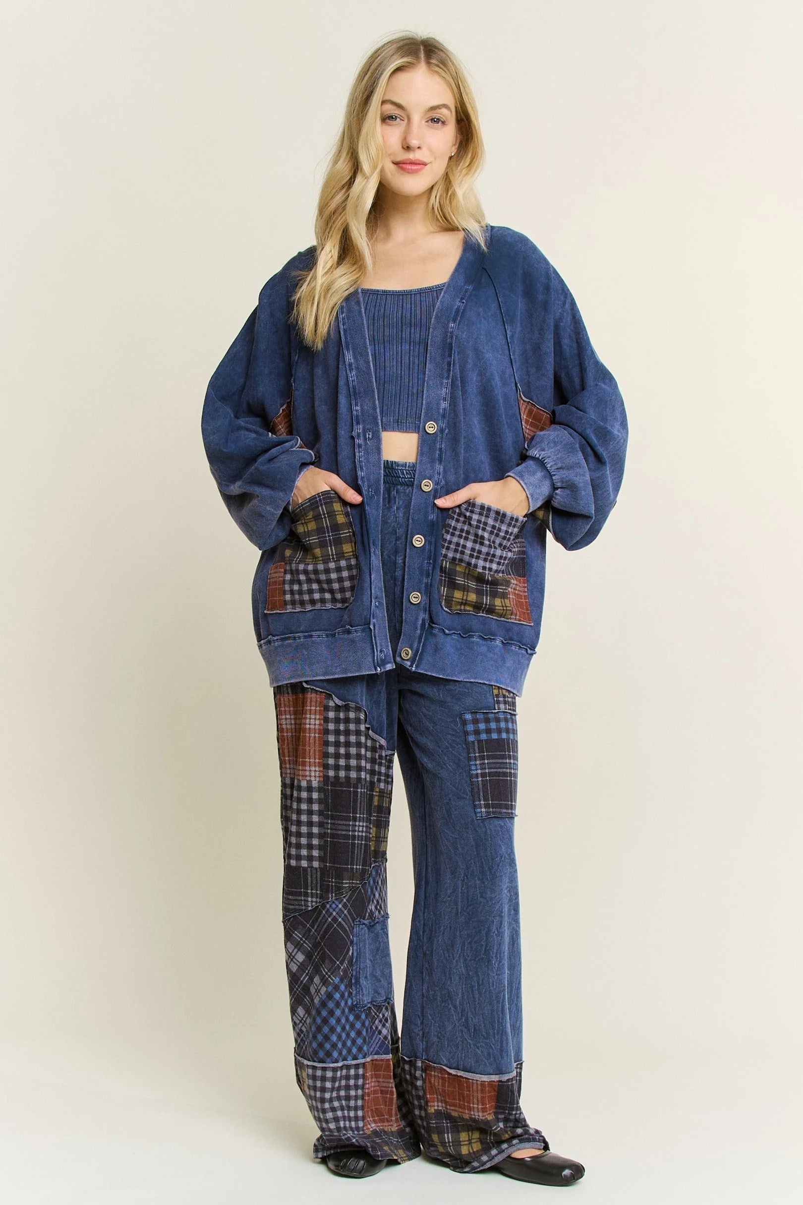 J.Her Plaid Pocket Terry Cardigan